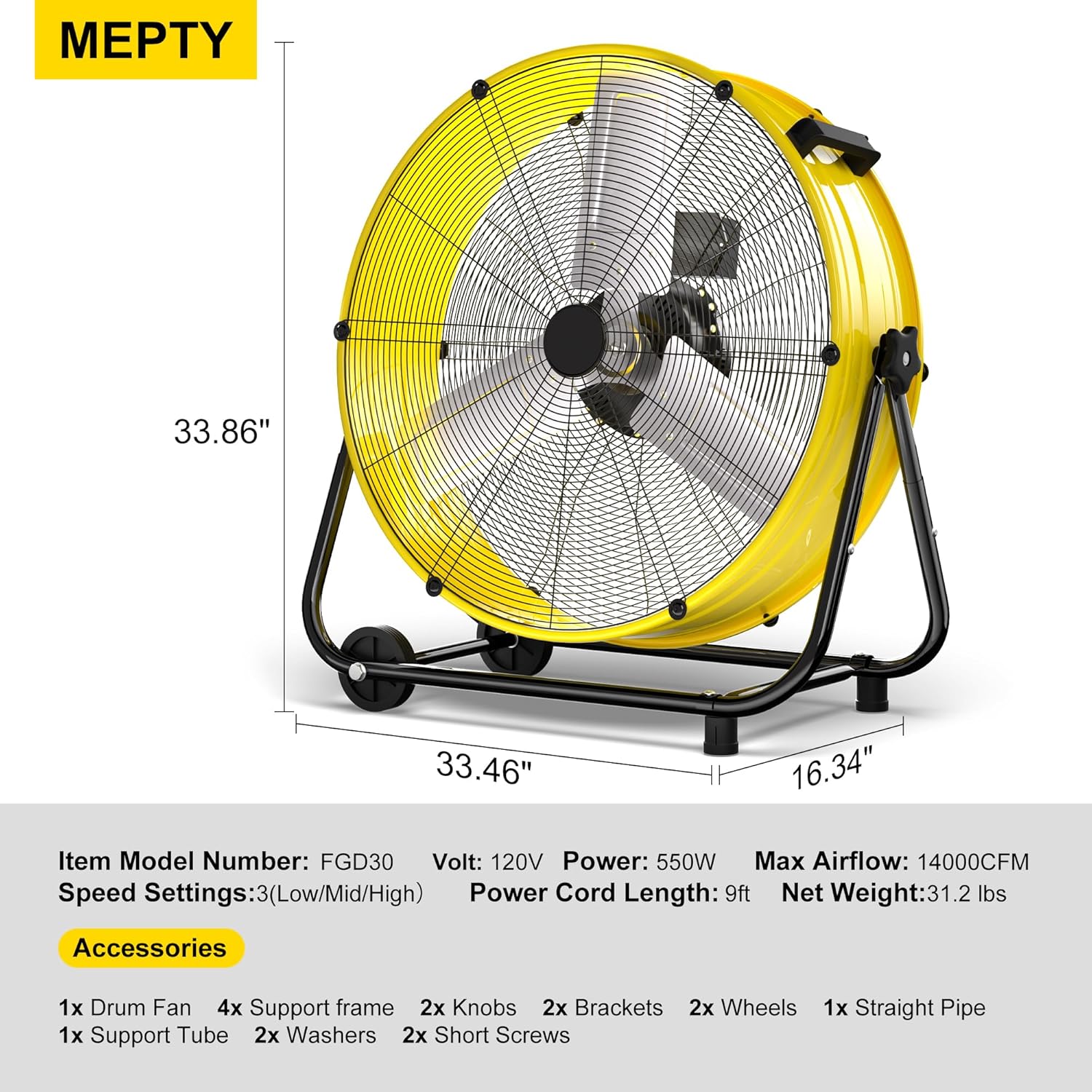 MEPTY 30-Inch Industrial Drum Fan, 14000 CFM High Velocity Floor Fan 550W, 3-Speed Heavy Duty Metal Air Circulator for Shop, Warehouse, Workshop, Garage, Factory