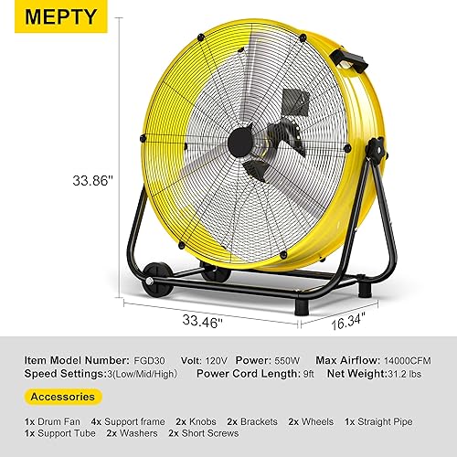 Miniatura 2 de MEPTY 30-Inch Industrial Drum Fan, 14000 CFM High Velocity Floor Fan 550W, 3-Speed Heavy Duty Metal Air Circulator for Shop, Warehouse, Workshop,