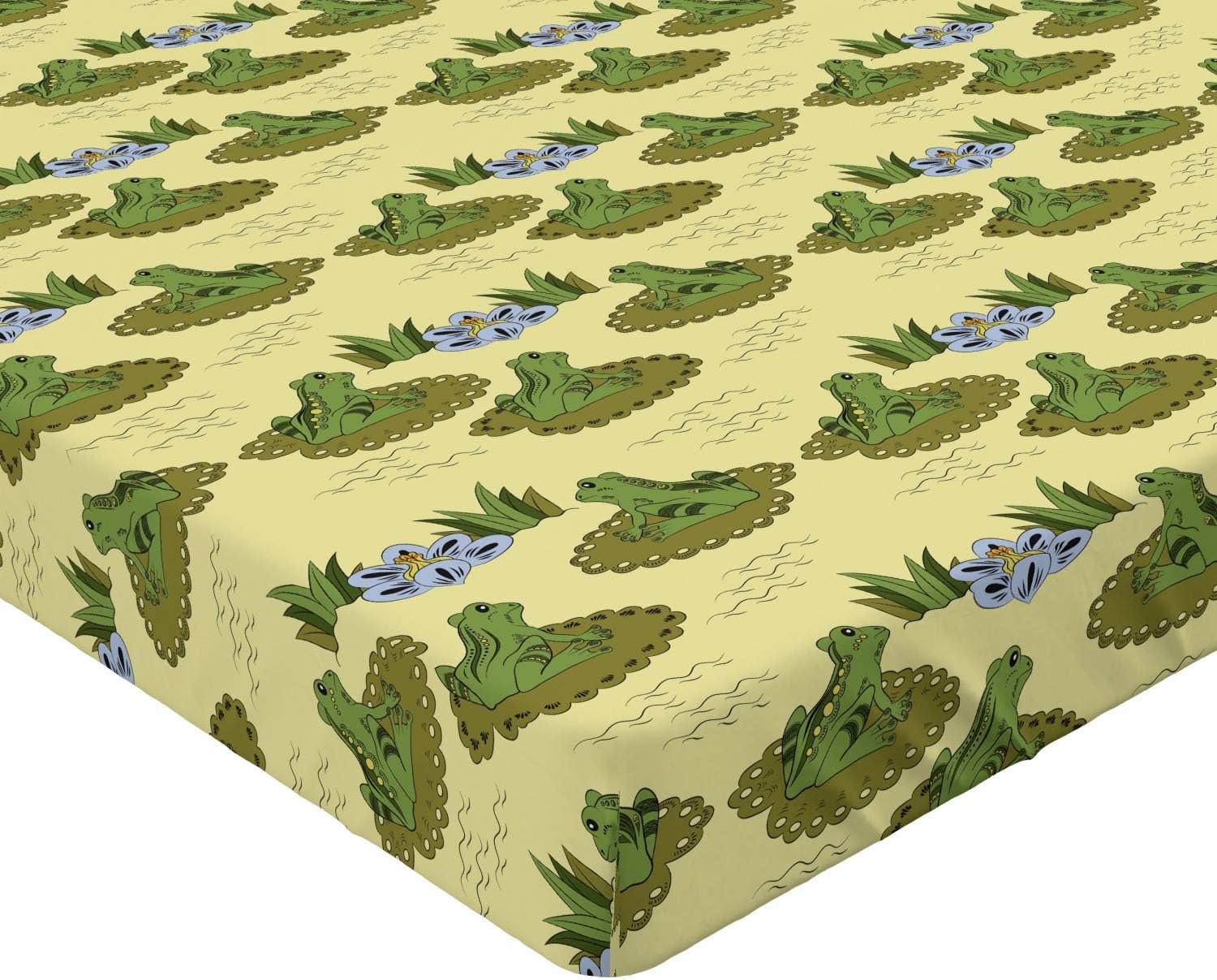 Ambesonne Frog Fitted Sheet, Ornamental Illustration of Pond Animal and Water Lilies with Flowers, Bed Cover with All-Round Elastic Deep Pocket for Comfort, Queen Size, Pale Yellow and Multicolor