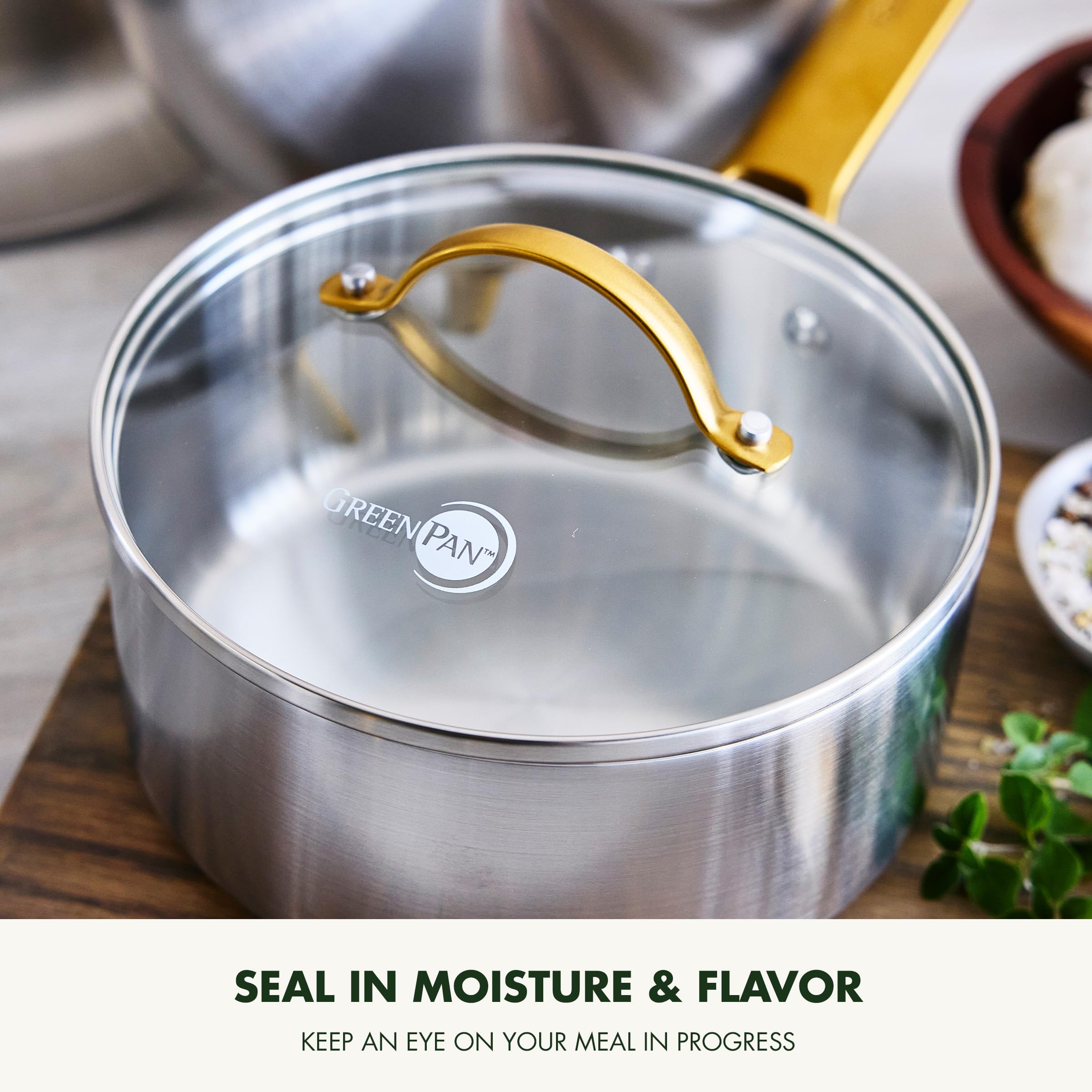GreenPan Padova - Juego de 6 utensilios de cocina de acero inoxidable con tapa de cristal, ollas y olla sopera, 3 capas, apta para inducción, mango dorado de acero inoxidable, apto para horno hasta