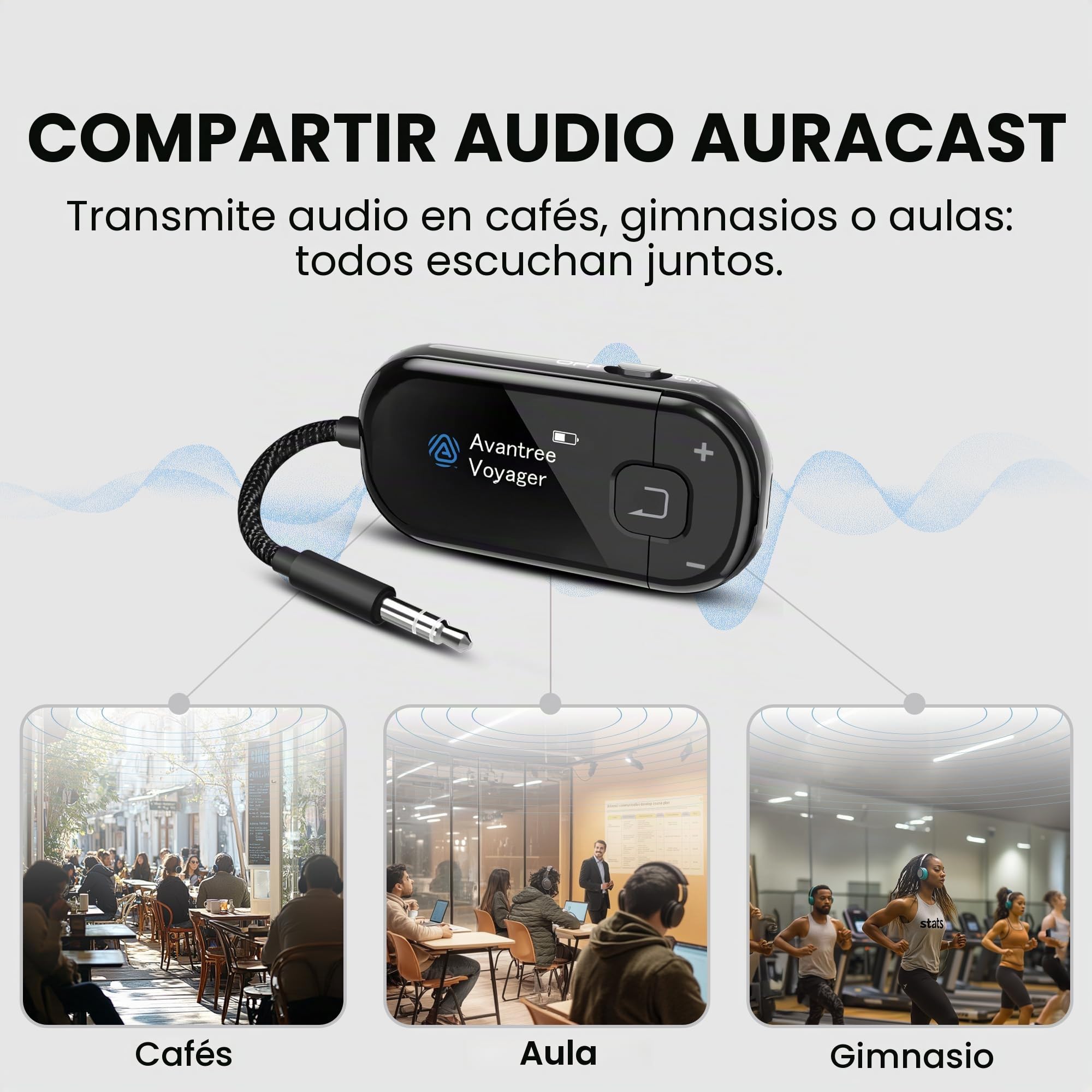 Avantree Voyager HA – Transmisor de Audio Auracast y Bluetooth 5.4 para Auriculares con Pantalla y Control de Volumen, Chip Qualcomm, Actualizable vía Firmware, AUX para TV, PC y Escucha Inalámbrica