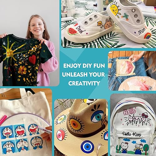 Miniatura 27 de Colorful Juego de pintura de tela con 6 pinceles, 1 paleta, 26 colores, impermeable, kit de pintura textil permanente para adultos a artes en ropa