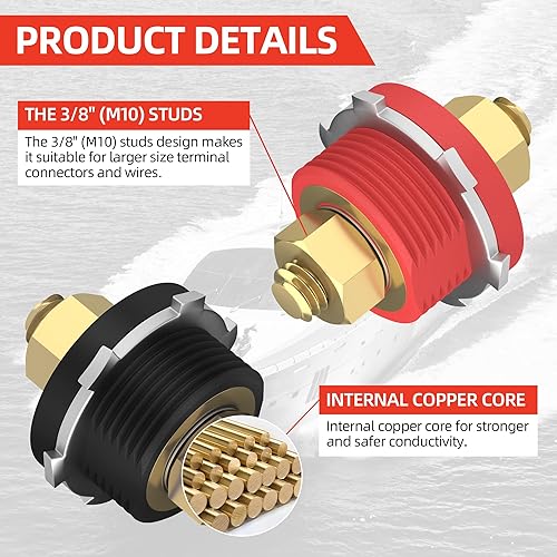 Miniatura 3 de Joinfworld Conectores de mamparo de batería de panel pasante, 38 pulgadas, perno de 250 A, kit de poste de salto de carga de batería con cubierta