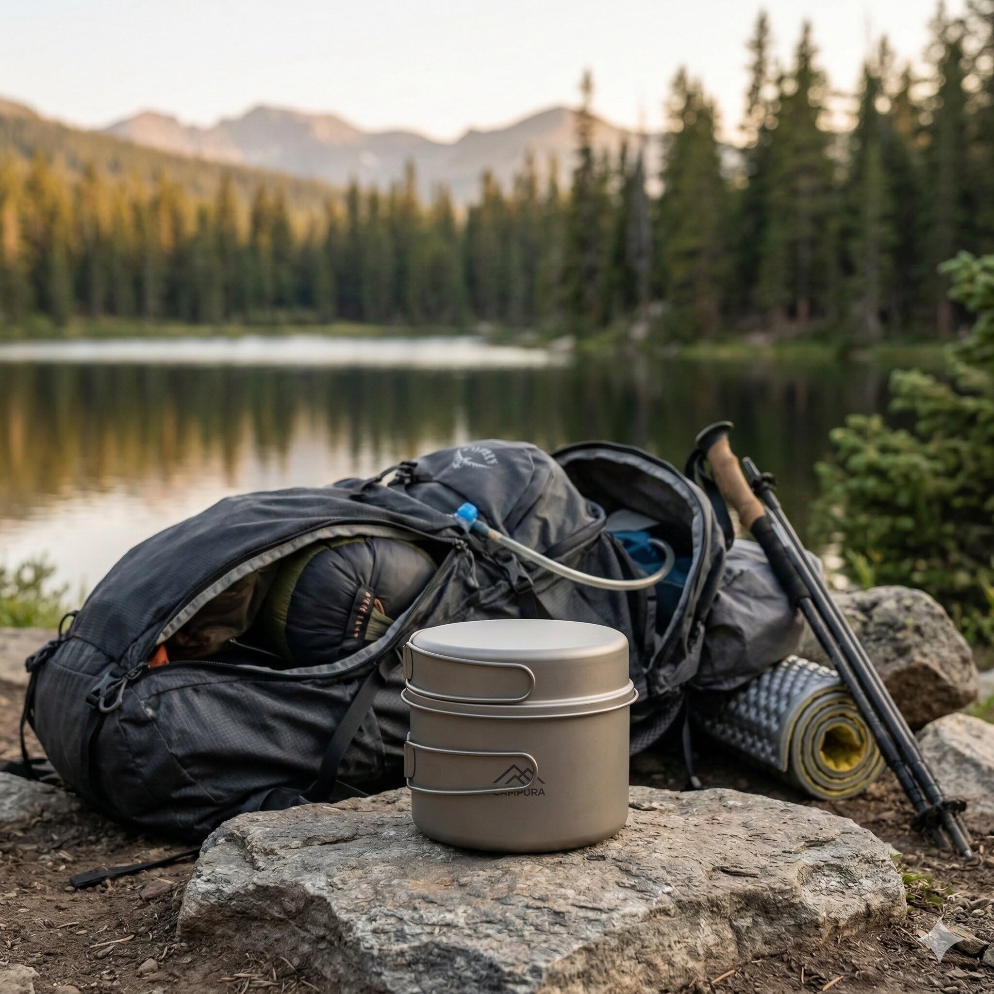 Titan - Juego de cacerolas y cacerolas (1300 ml y 500 ml, ultraligero (240 g), robusto y resistente al calor, compacto con asa y bolsa aislante, ideal para senderismo, camping, supervivencia y