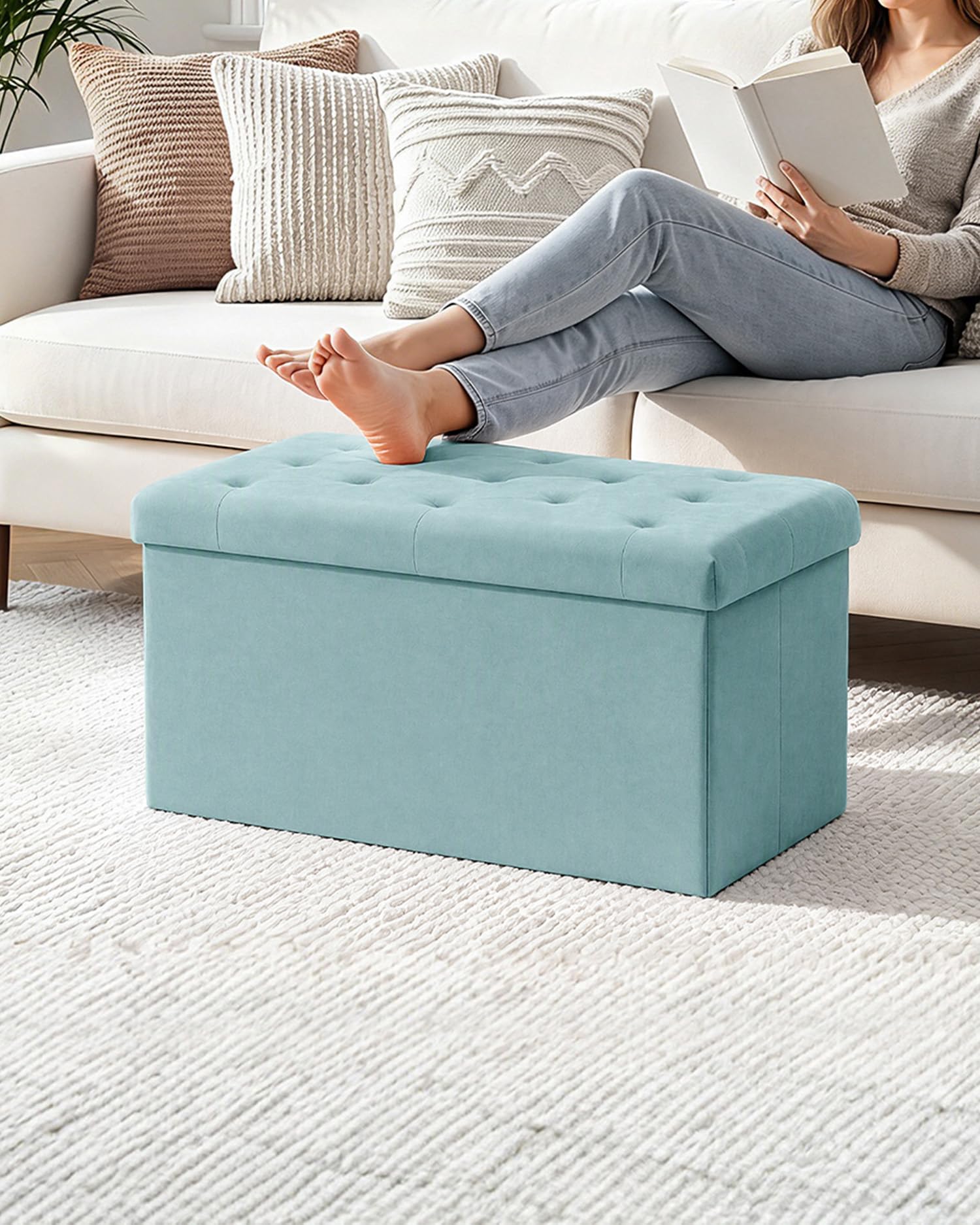 Bonlife Pliable Banc de Rangement Poufs et Repose Pieds Grand Coffre a Jouet Banc avec Espace de Rangement Flanelle Verte 80X40X40cm