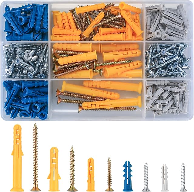 230 Pcs Self Drilling Anchor Screws and Wall Plugs Set,Plasterboard Screws and Wall Plugs Set, Masonry Brick Concrete Drywall Wall Fixings Plugs Anchors with Screws Assortment Kit