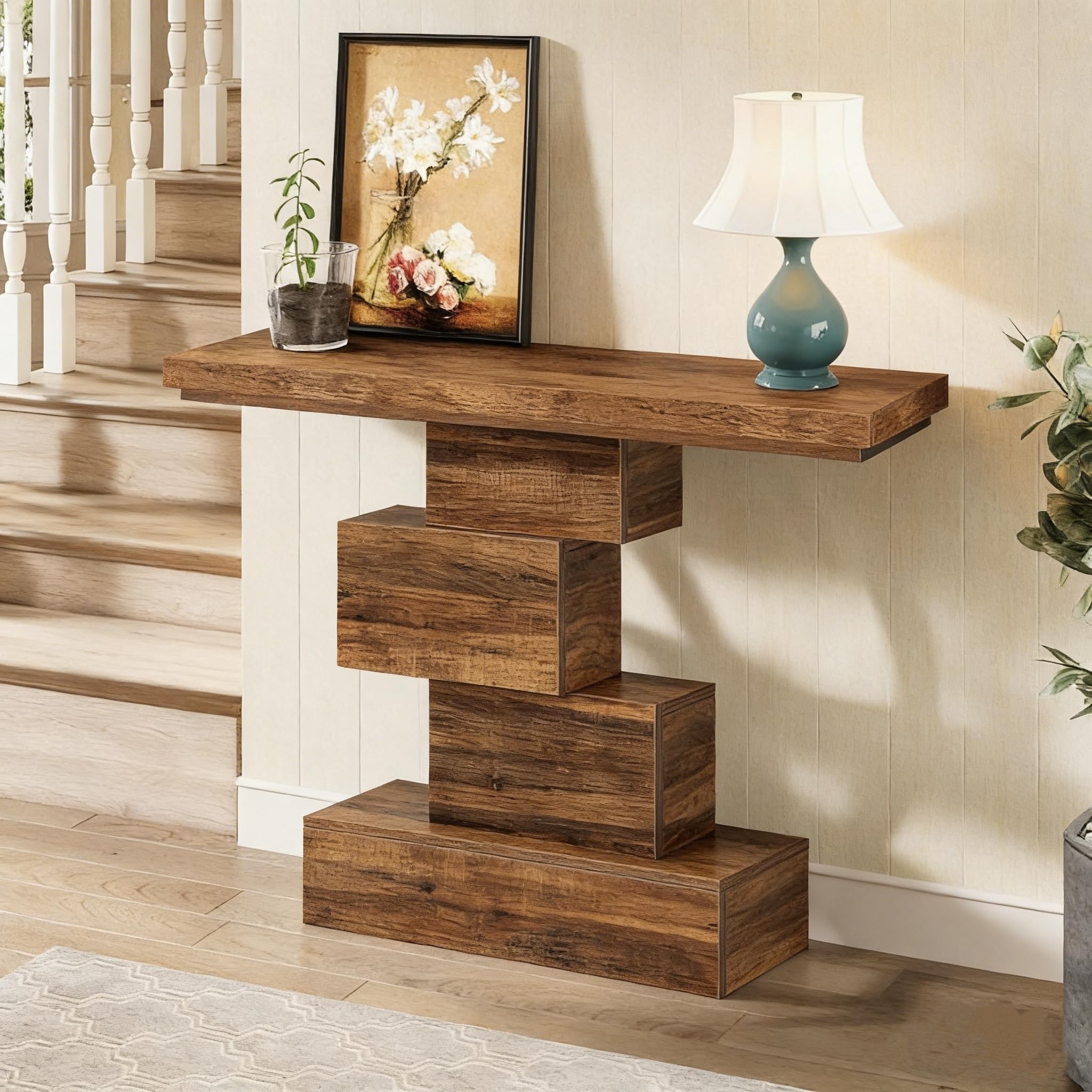 LITTLE TREE Konsolentisch, 108 x 30 x 80cm, Bauernhaus-Sofatisch mit Geometrisches Design, Schmaler Eingangstisch aus Holz für Wohnzimmer, Flur, rustikales Braun