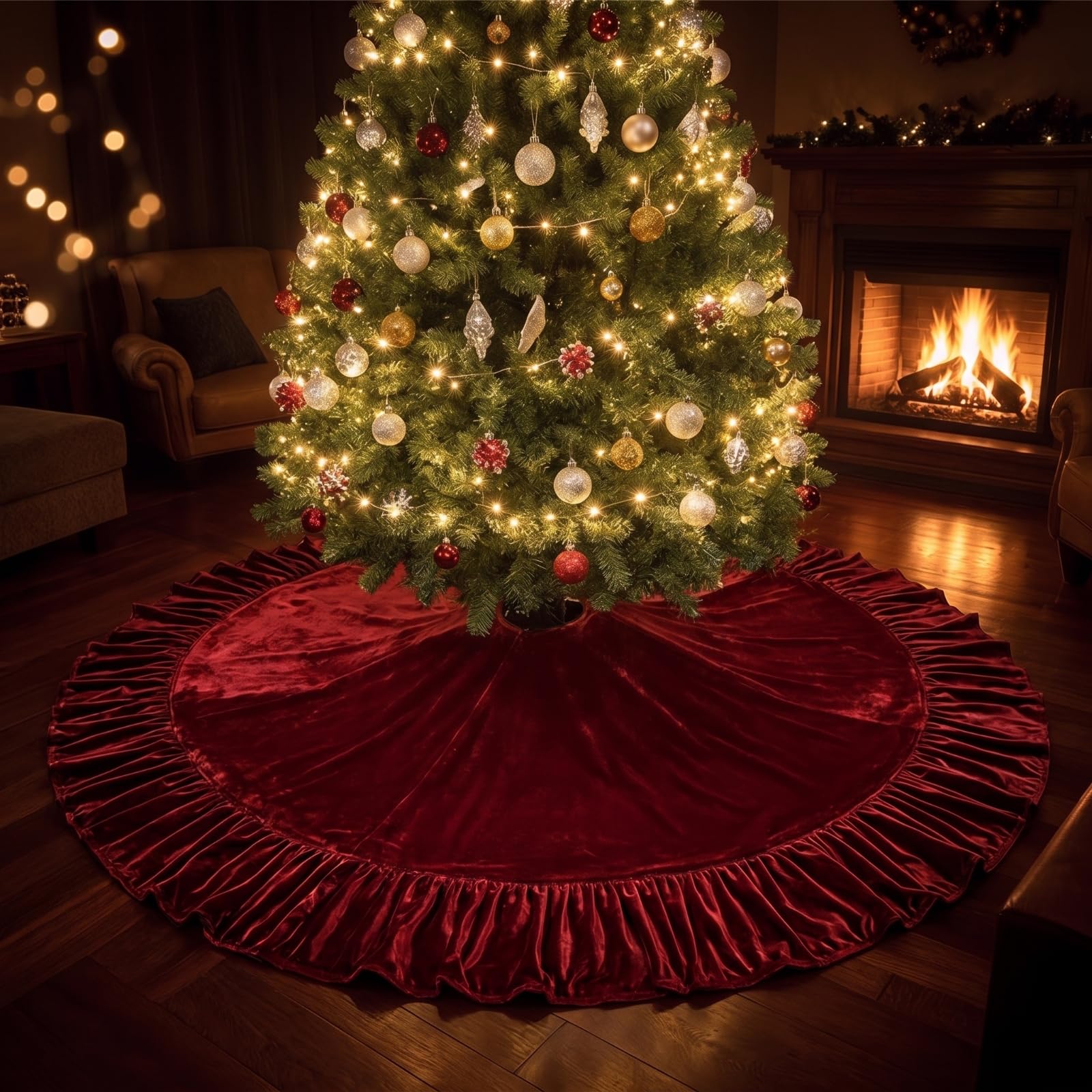 Tappeto per Albero di Natale Arricciato, 183 Cm, Stile Europeo, Design Plissettato, Colore Rosso Vino