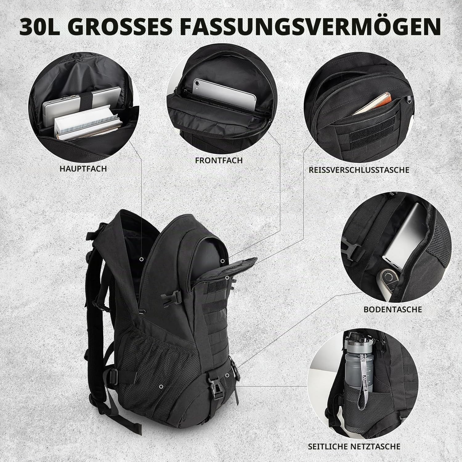 Jueachy Militär Rucksack Herren 30L Wasserdicht Molle Tactical Backpack Military Rucksack Große Kapazität Taktischer Rucksack Outdoor Wanderrucksack Trekkingrucksack für Assault Wandern Reisen Camping