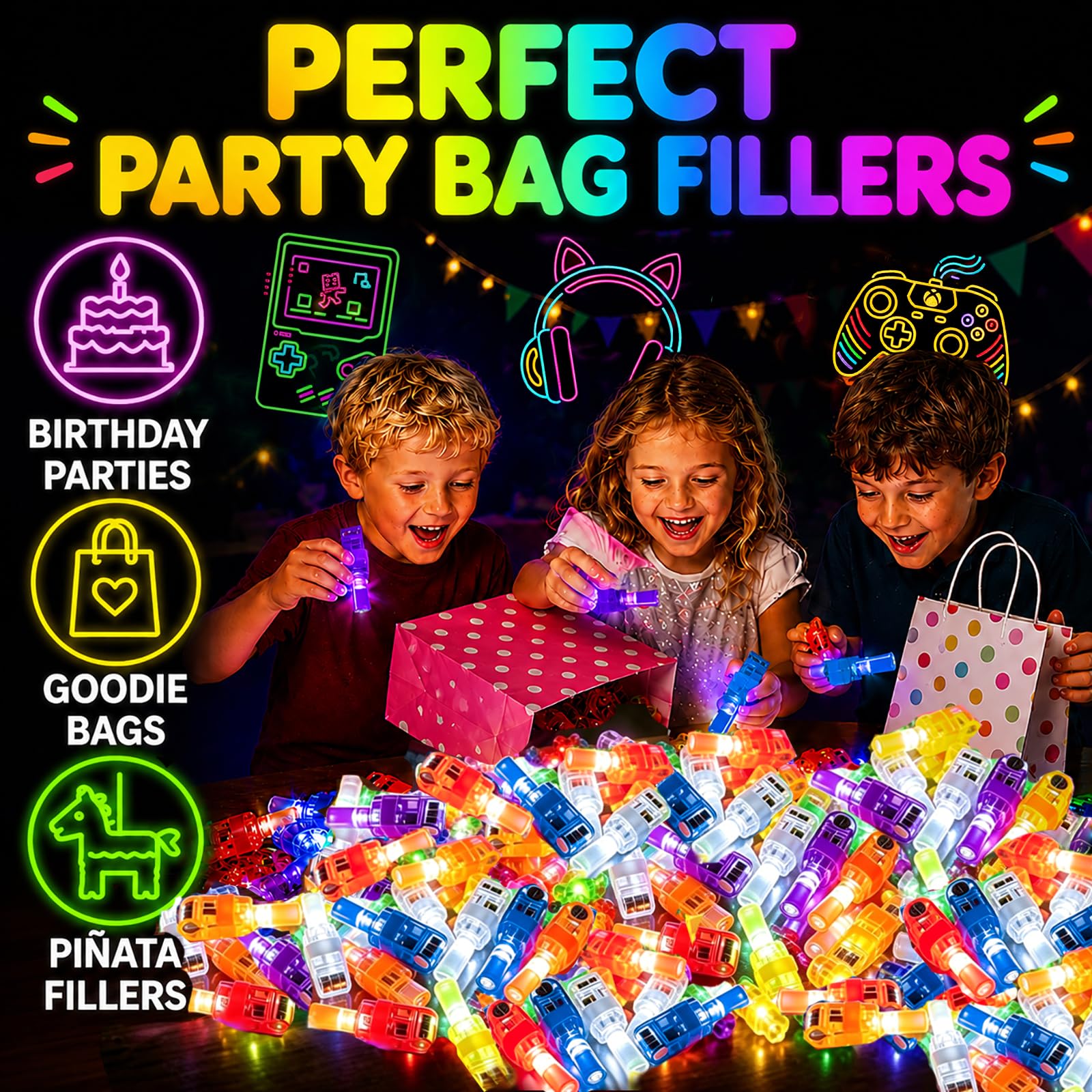 Budbof 40 piezas de recuerdos de fiesta para niños, luces LED de dedos, 8 diseños de juegos, recuerdos de fiesta de cumpleaños, rellenos de bolsas de regalo, rellenos de piñata, recompensas de aula