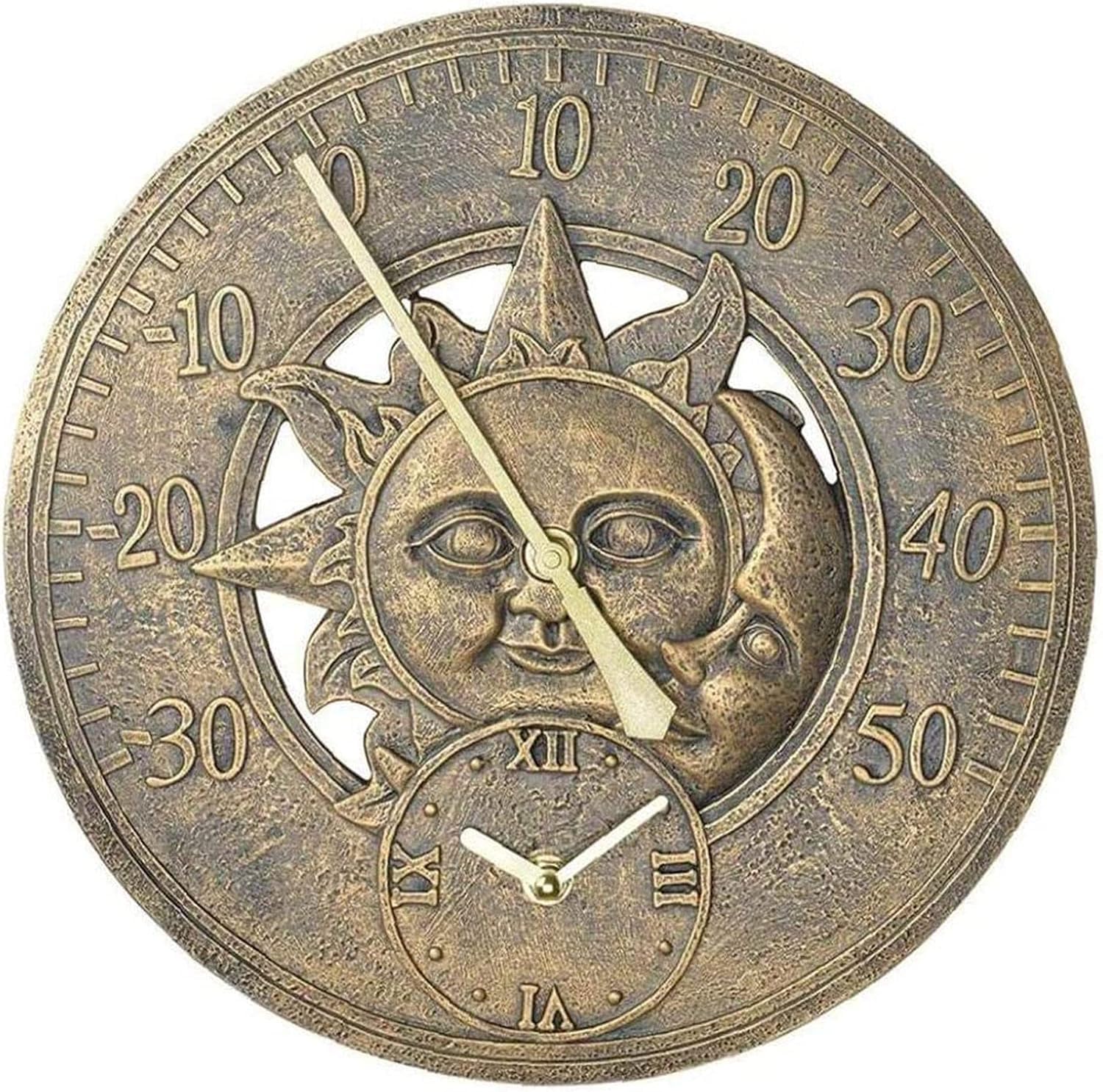 Reloj de pared para exteriores con diseño de sol y luna, diseño de resina impermeable para decoración de jardín y patio