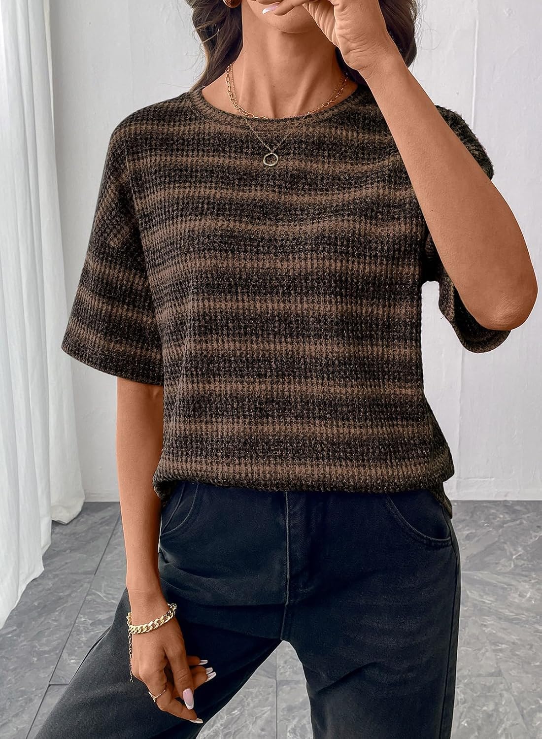 SHEWIN Women Summer Half Sleeve Striped Tops Waffle Knit Shirts image 2