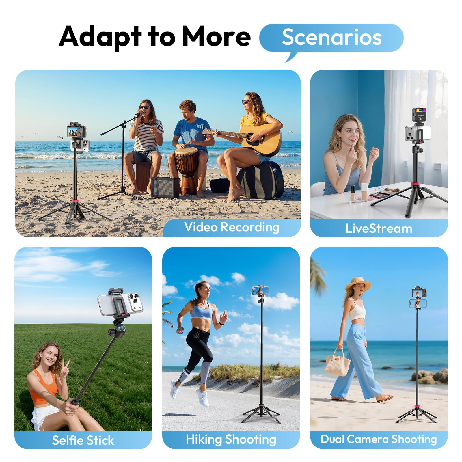 Ulanzi MT-44B Asta per selfie Doppio Slot per smartphone & mirrorless 150 cm, Treppiedi per cellulare Quad Base, Cavalletto macchina fotografica 415 g, Compatibile con iphone/samsung/realme/xiaomi