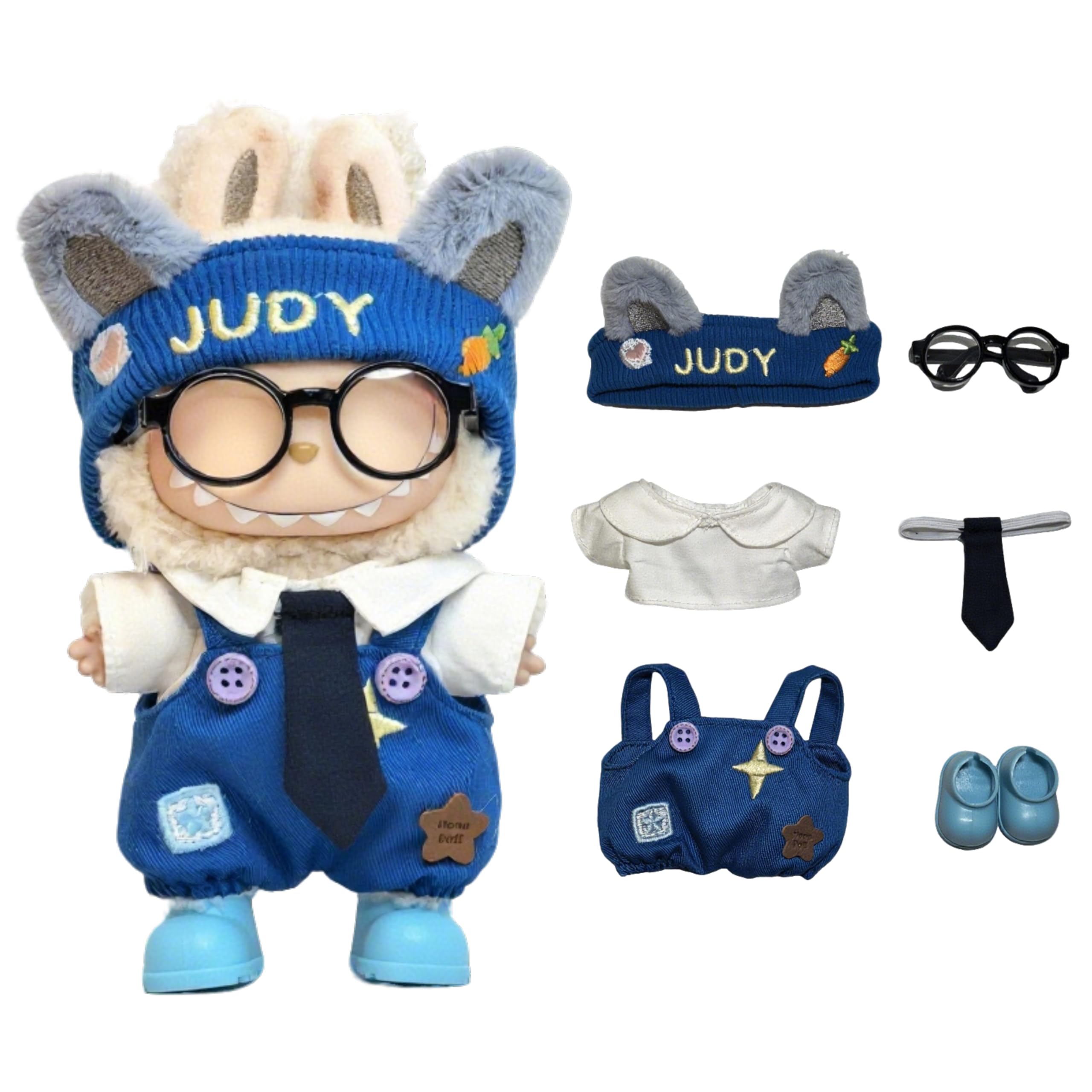 Doll Clothes for Labubu - 6pcs Complete Bunny Overall Set with Shirt, Headband, Glasses, Tie&Shoes, Adorable Clothing, Ready-to-wear Stylish Outfit