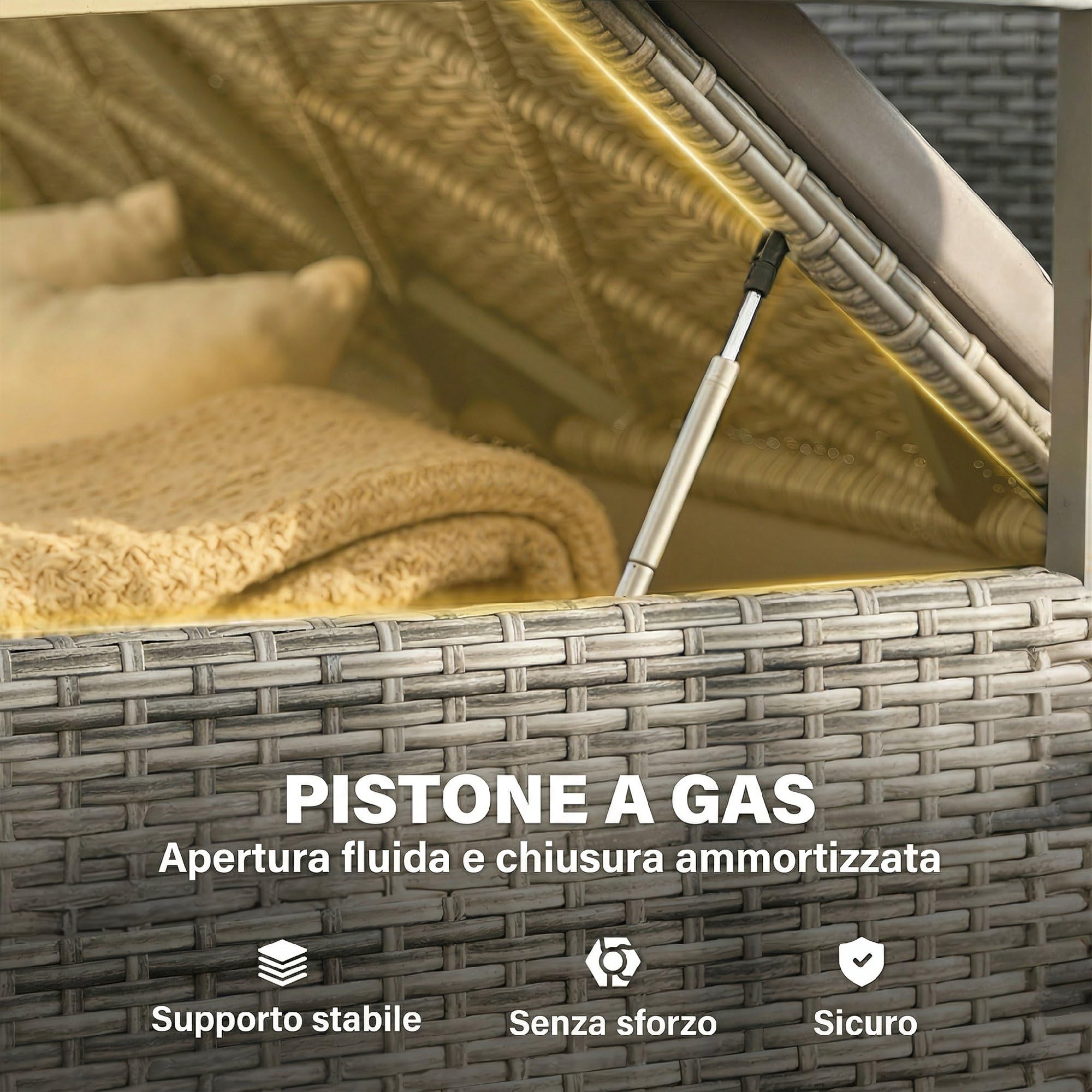 Outsunny Cassapanca Contenitore da Esterno in Rattan PE 170L, Panca Contenitore da Esterno 2 Posti con Braccioli in Legno di Acacia, Cuscino Lavabile, Fodera con Cerniera, Pistone a Gas, Grigio Chiaro