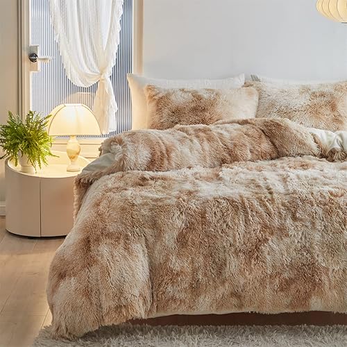 Miniatura 2 de Jameswish Juego de funda de edredón de felpa lanuda súper suave y esponjosa de pelo sintético, juego de ropa de cama de lujo de 3 piezas (1 funda de