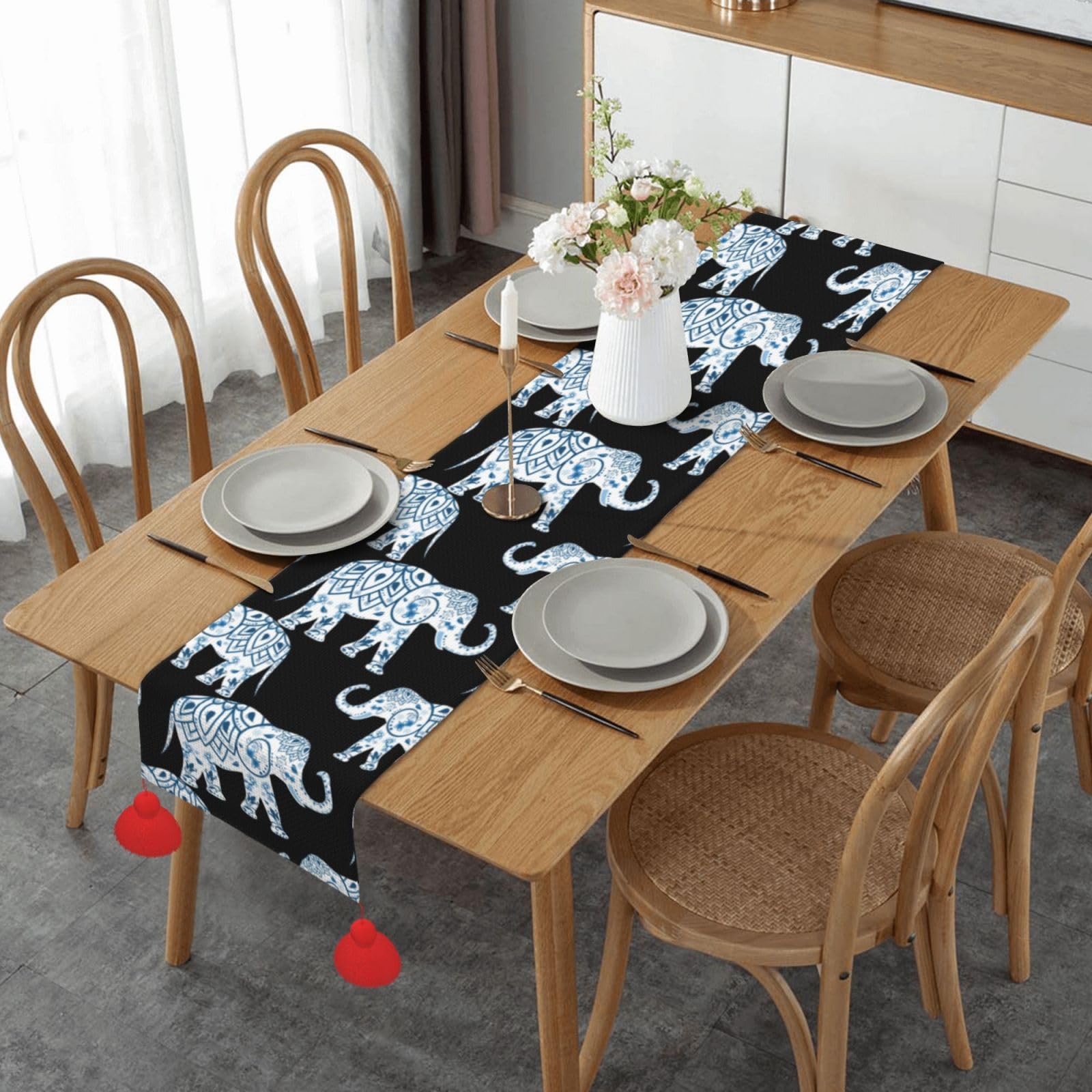 Chemin de table imprimé éléphant bleu noir de style rustique pour nappe de table à manger
