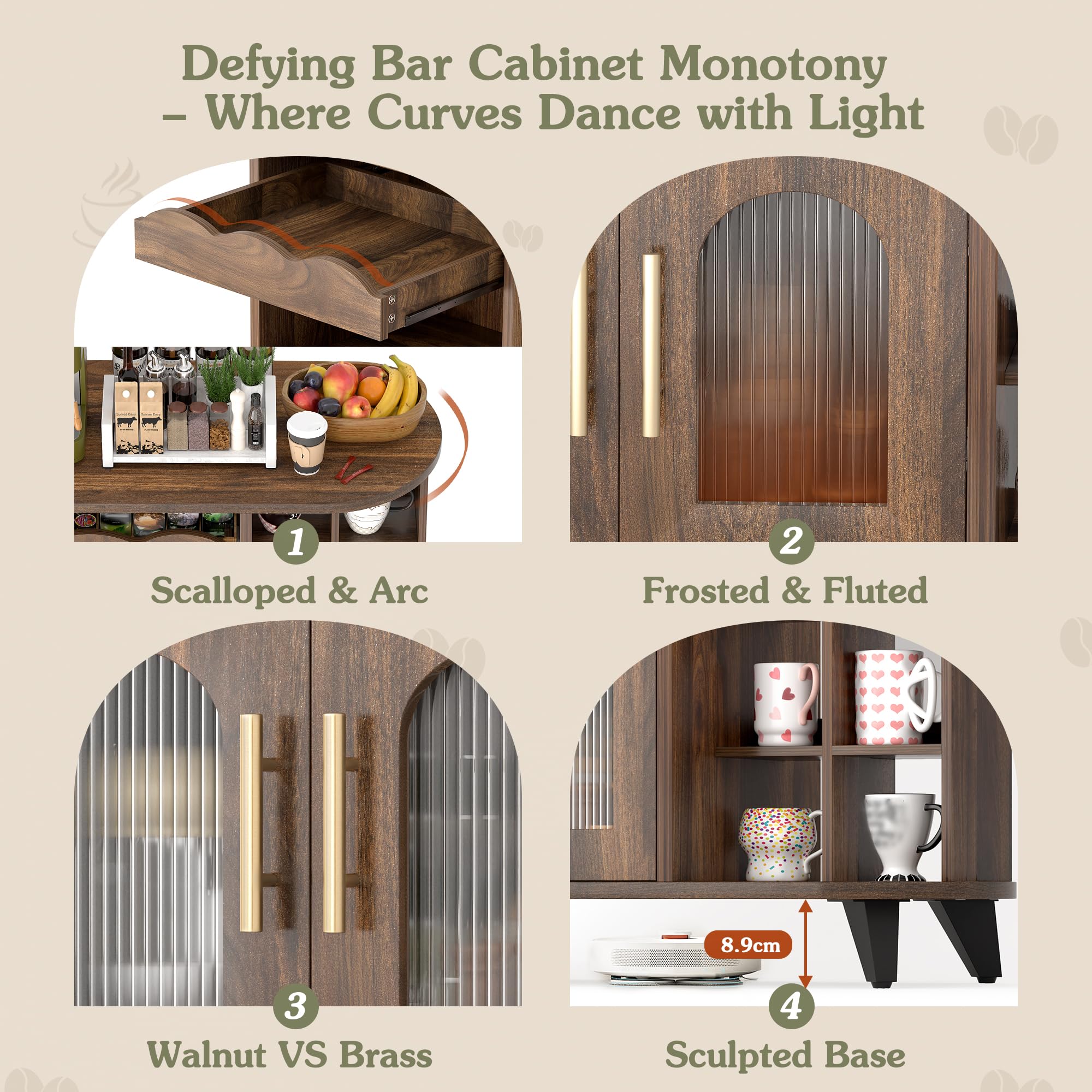 Küchenschrank, Kaffeeschrank mit Tassenhalter, Kommode mit Türen, Buffetschrank mit Schubladen, Sideboard für Wohnzimmer, Barmöbel, Kaffeebar Möbel, Küchenvitrine, Tassenständer (40x80x91cm)