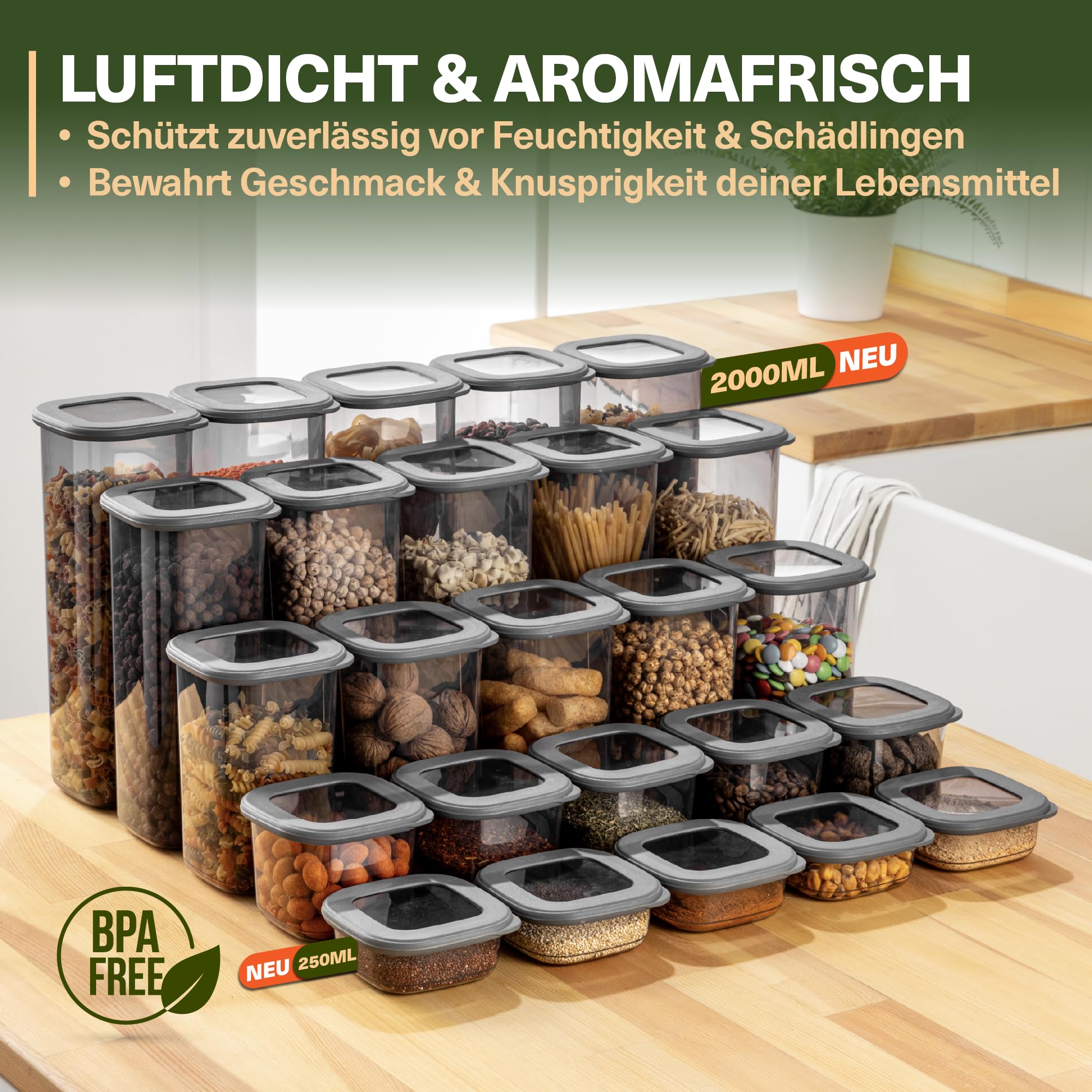 Viwares Contenitori con coperchio, ermetici, set da 25 contenitori senza BPA, per la conservazione della farina di cereali, cucina, pratico organizer da cucina, contenitori per alimenti
