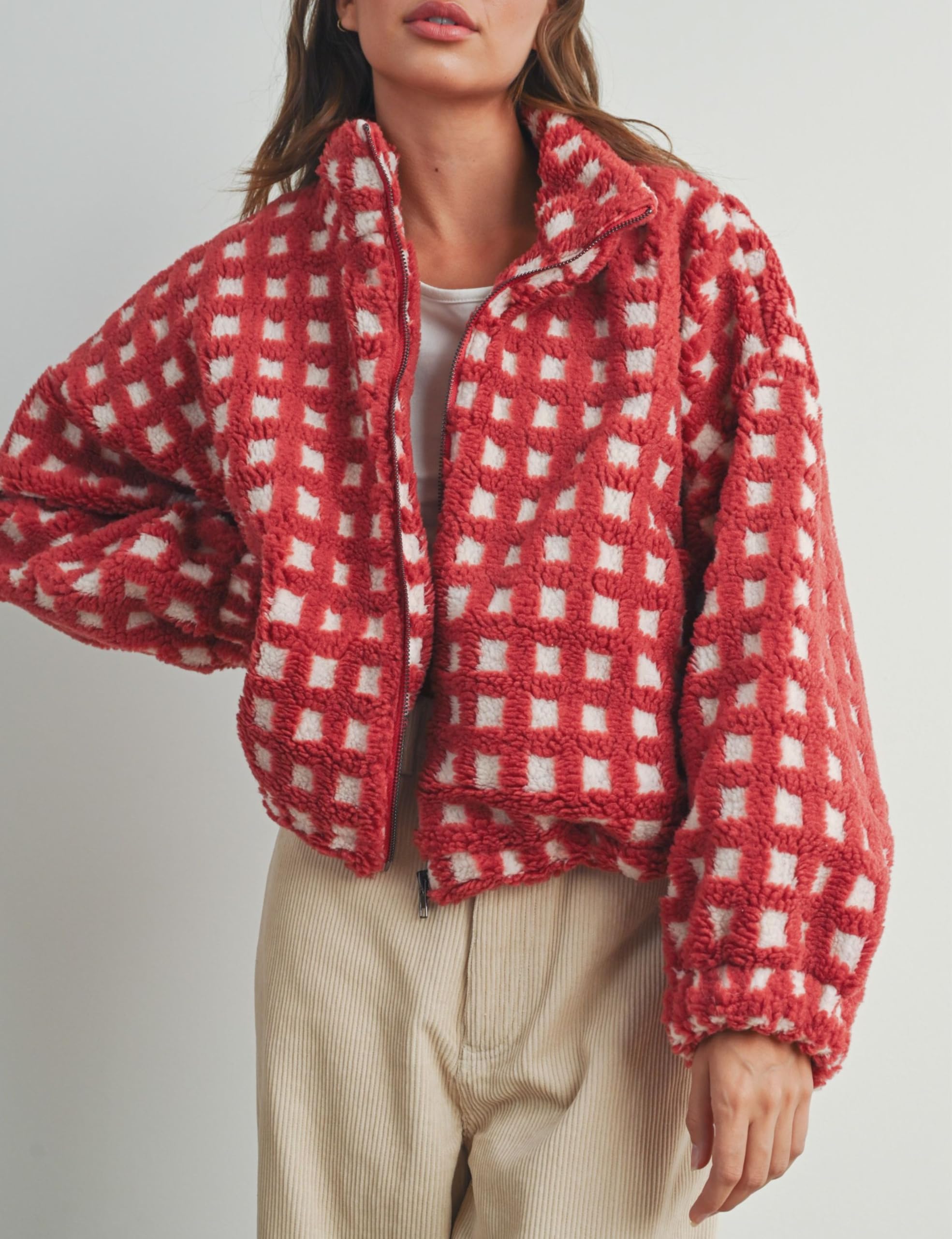 Esmeling Chaqueta corta de forro polar Sherpa de manga larga para mujer, casual, gruesa, forro polar