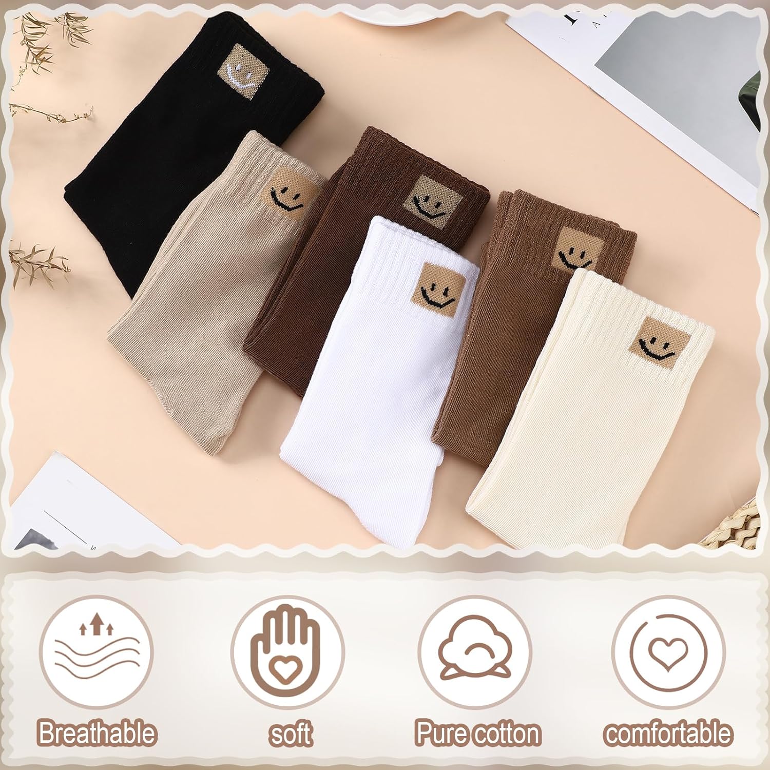 Funtery 20 Pairs Ankle Socks for Women Crew Elastic Ankle Gift Smiling Elastic Length Cotton Cute Crew Socks