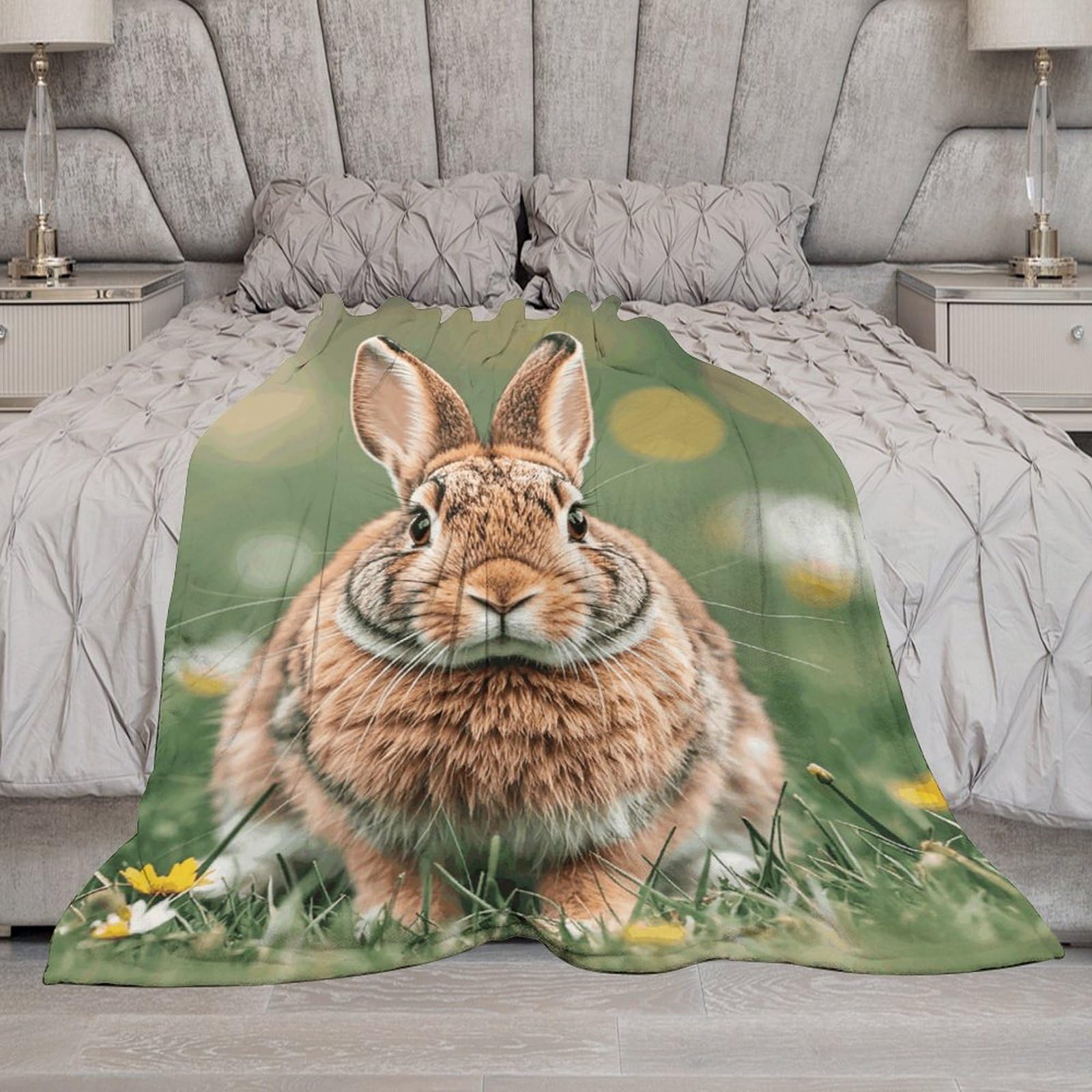 Couverture en flanelle 167x228 cm avec motif lapin pelucheux pour lit