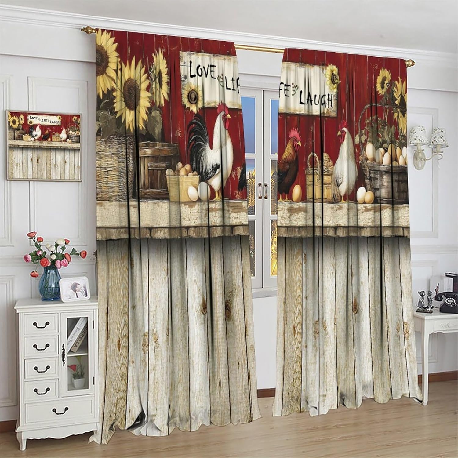 Farmhouse Rooster Kitchen Blackout Curtains, Funny Country Retro Animal Leaves Small Bird Farm Windows Treatments Rod Pocket Drapes for Living Room Bedroom 42x54in