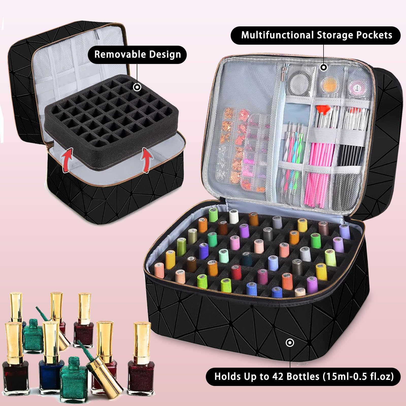 3-Layer Travel Makeup Bag,Nail Polish Organizer,Nail Tools Storage,2 in 1 Removable Polish Package,Waterproof,Adjustable Dividers Compartment,Holds 84 Bottles of 15ML Nail Polish - Image 2