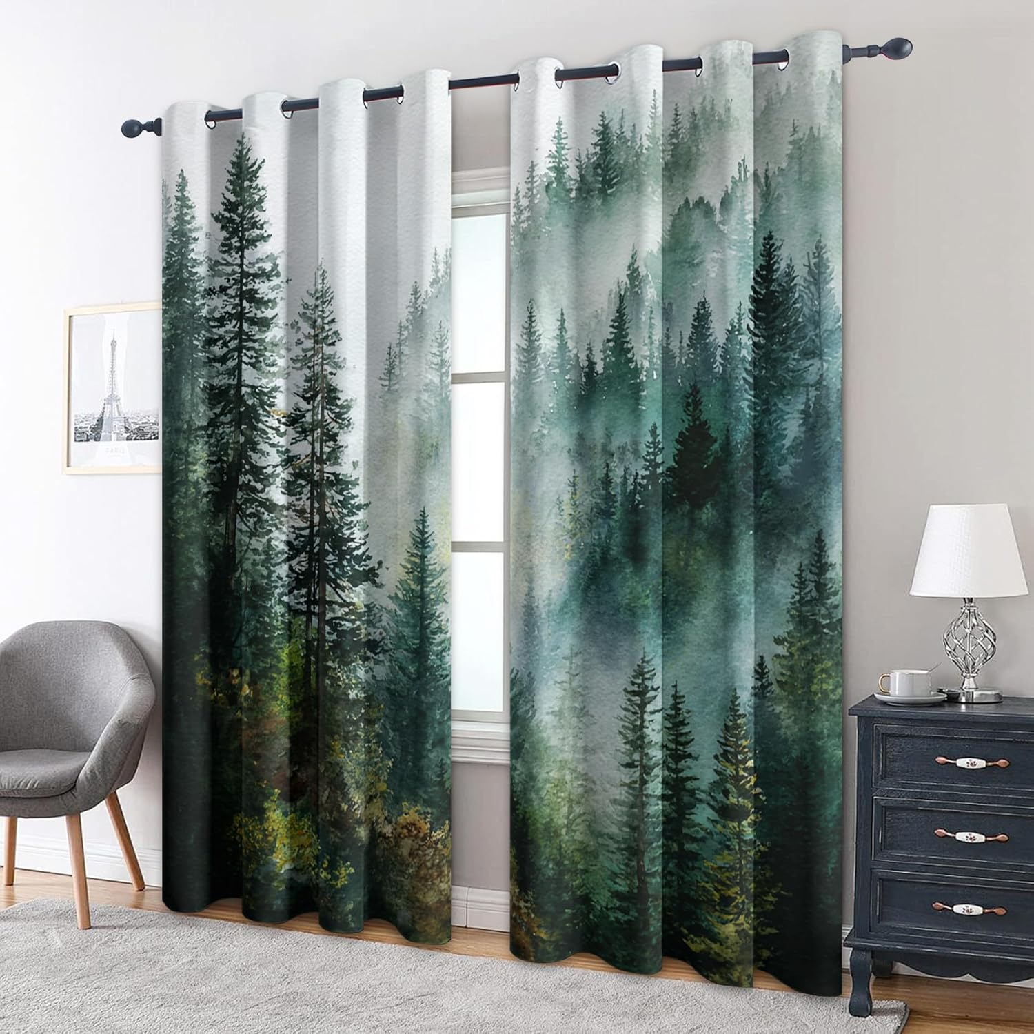 Misty Forest Bedroom Curtains 54 Inch - Green Pine Tree Nature Landscape Printed Living Room Curtains, Misty Forest Home Decor Blackout Window Drapes with Grommet, 2 Panels Set - HL9500