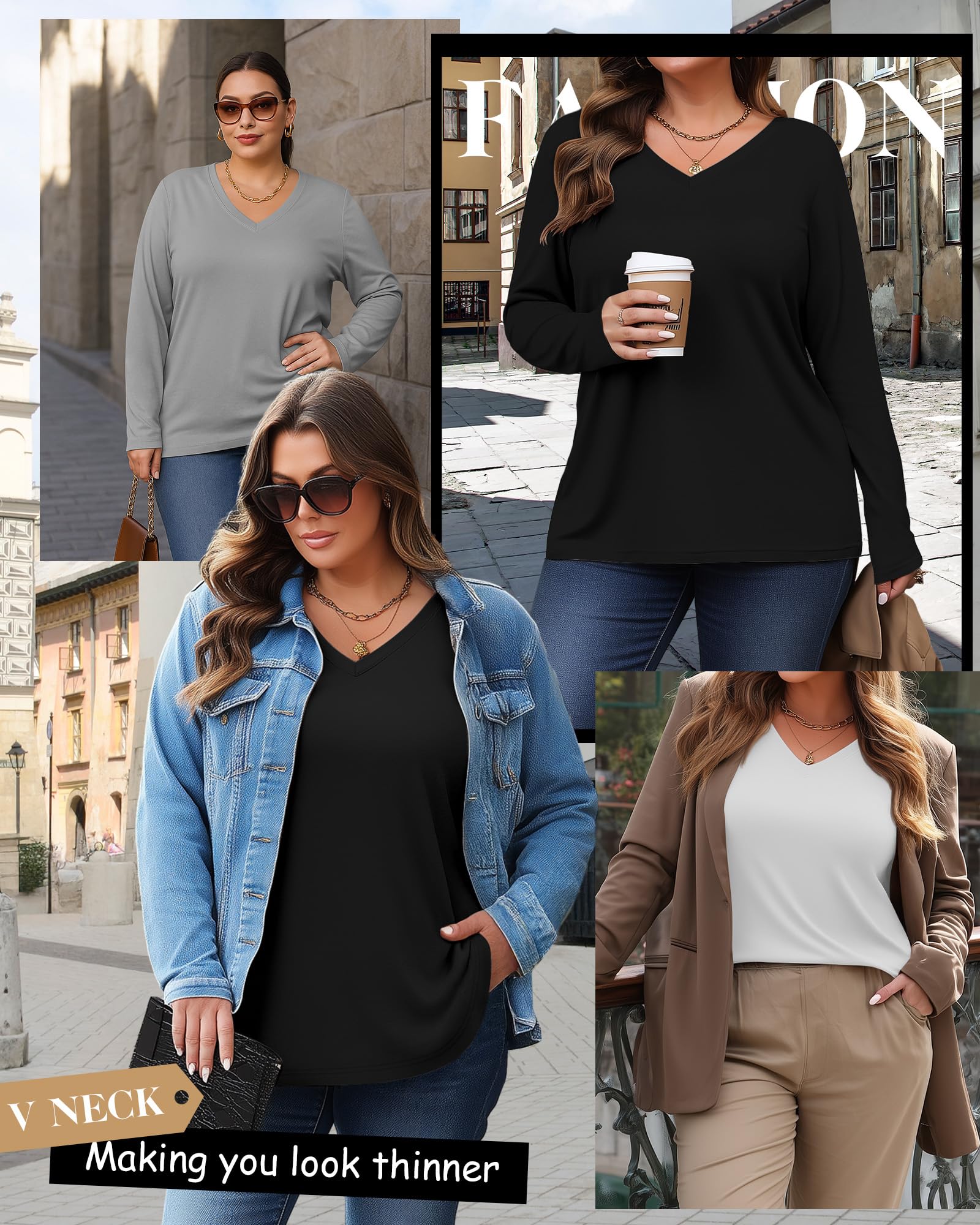 Riyiper Set da 3 Top Donna Plus Size | Scollo a V, maglia a maniche lunghe, vestibilità ampia, casual, basic, elegante tunica, biancheria intima