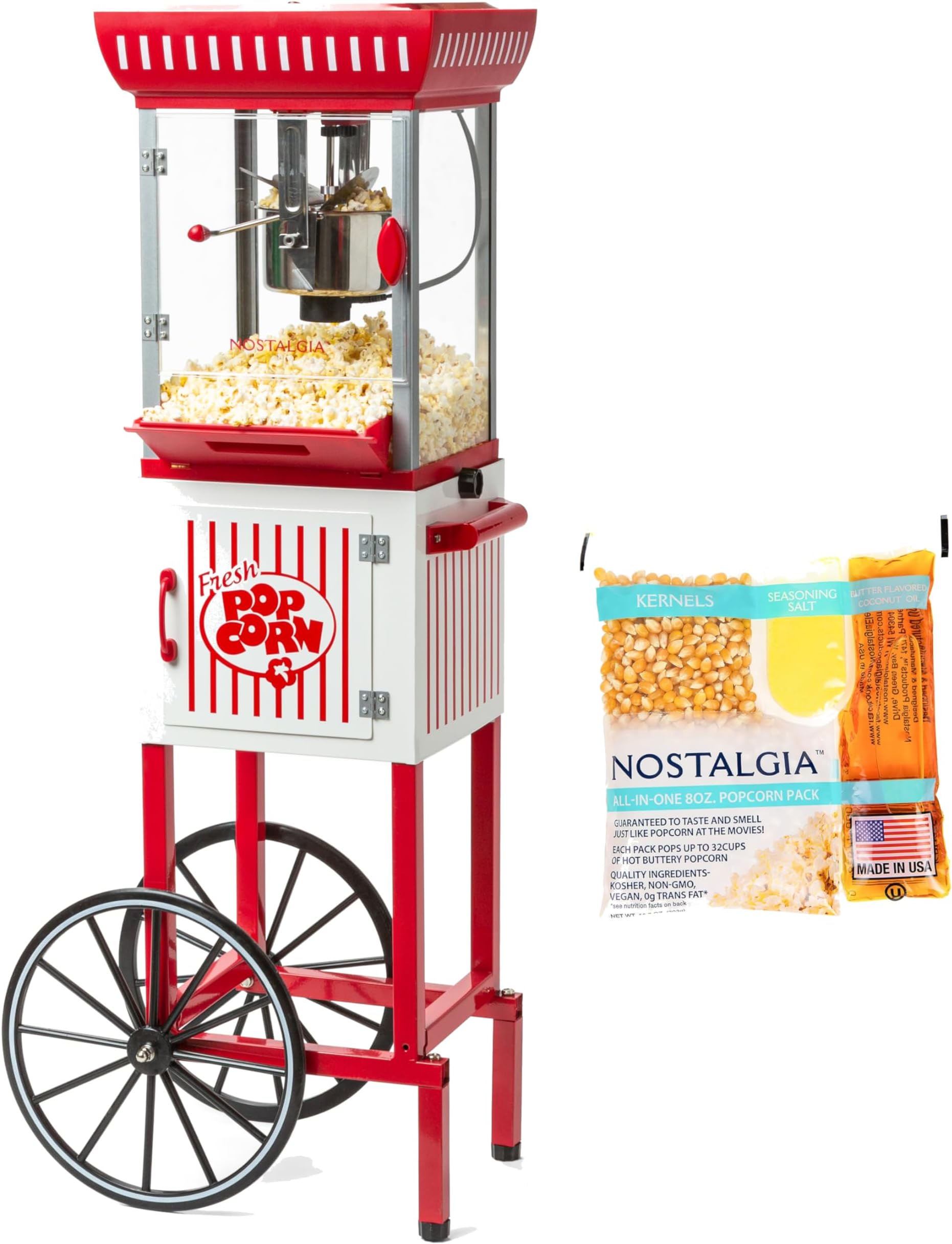 Nostalgia Red/White Vintage Popcorn Maker Machine - 2.5 Oz Kettle Makes Up to 10 Cups - Includes 24 4-Ounce Popcorn All-In-One Packs