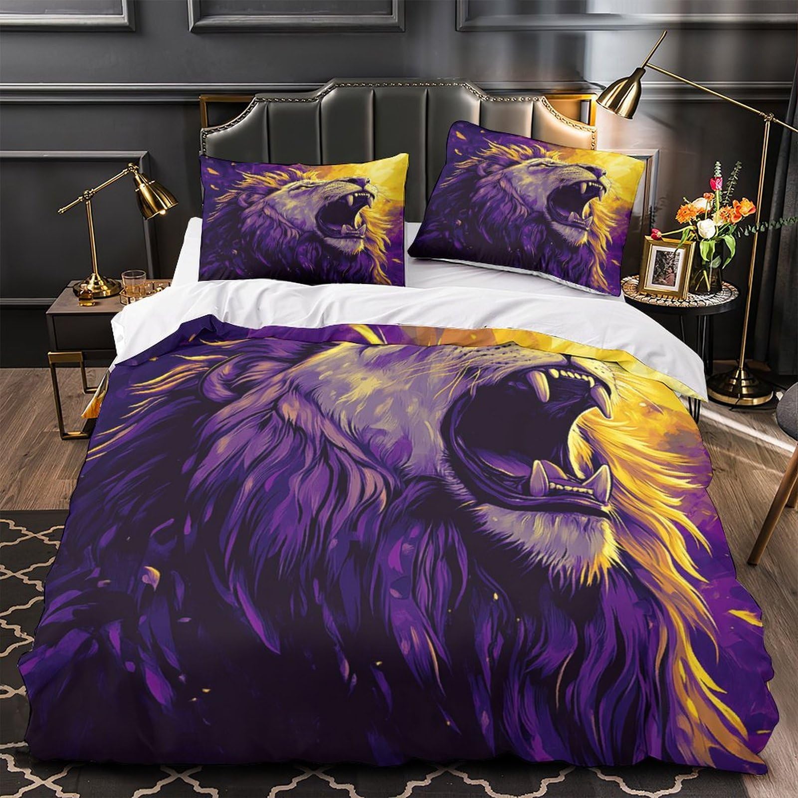 Drap de couette lion 3D imprimé King 220x240 microfibre avec taies d'oreiller pour adulte