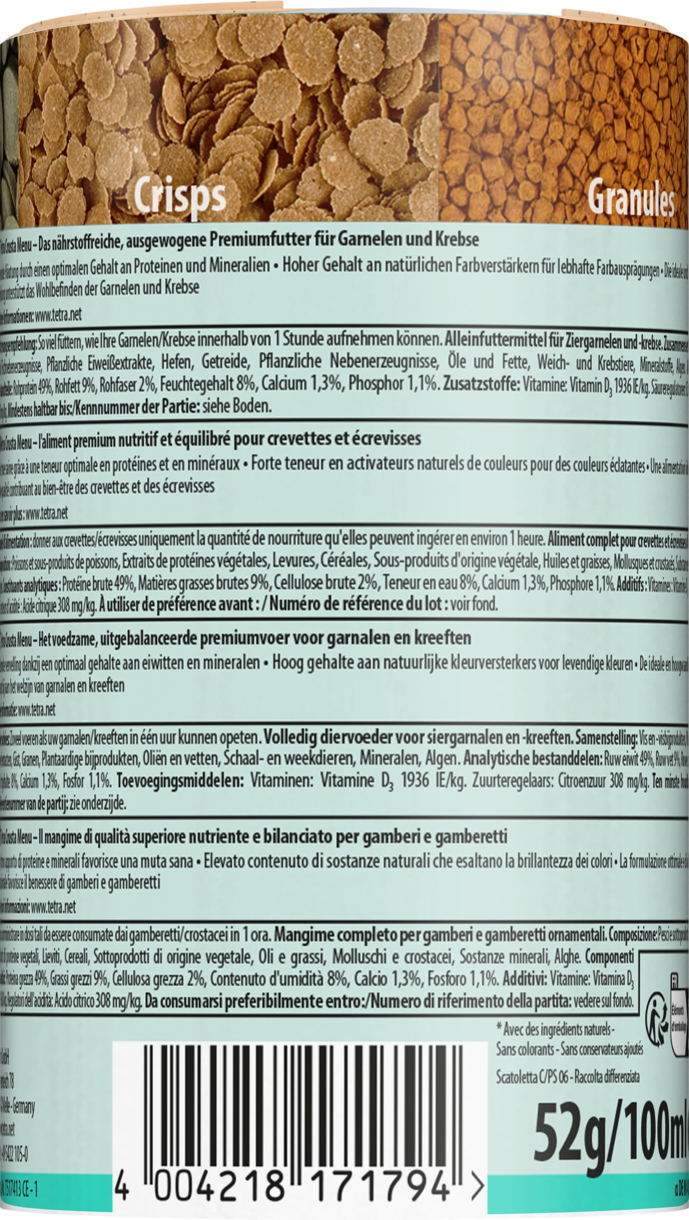 Tetra Crusta Menu – karma 4 w 1 z patyczkami, granulkami, wazami i granulatami do krewetek i raków, dla urozmaiconej diety, puszka 100 ml