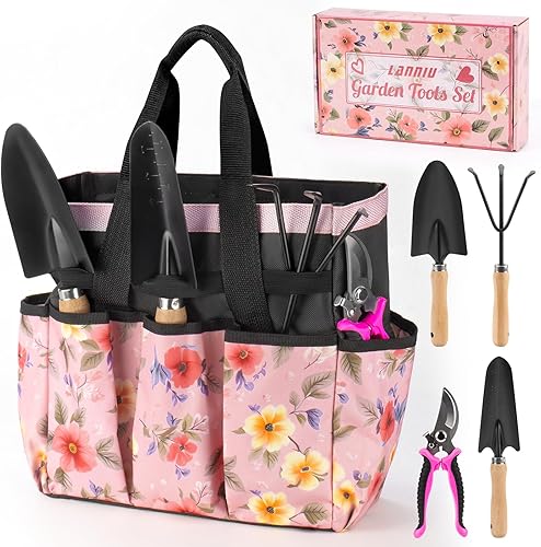 Herramientas de jardinería rosadas, juego de herramientas de jardín para mujeres, kit de jardinería de 5 piezas para mujer con bolsa de jardín