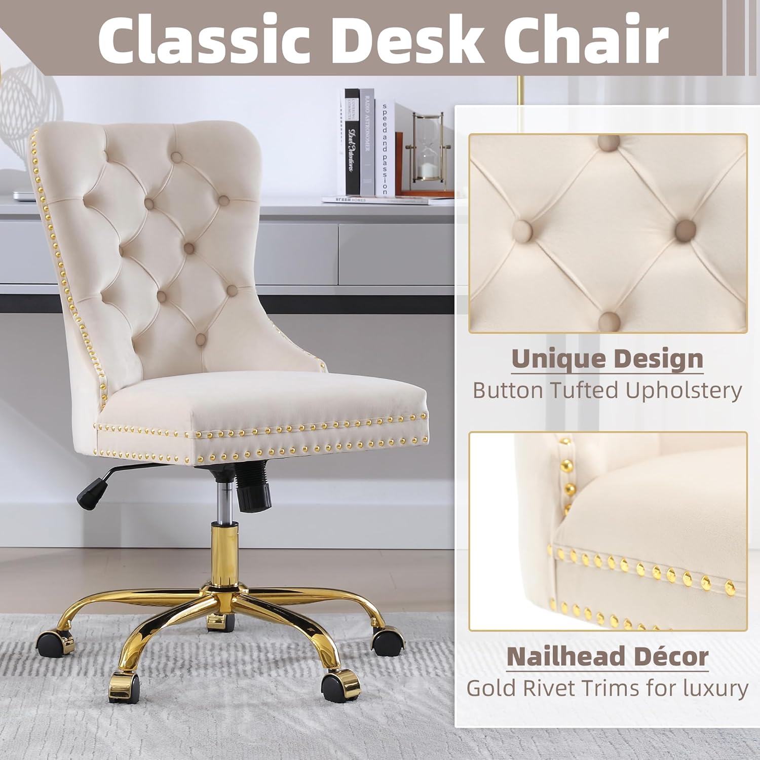 Velvet Home Office Desk Chair, Height Adjustable Vanity Chair withTufted Back, Swivel Comfy Seat, Luxury Rivet Trim, Golden Base for Bedroom Living Room, Beige