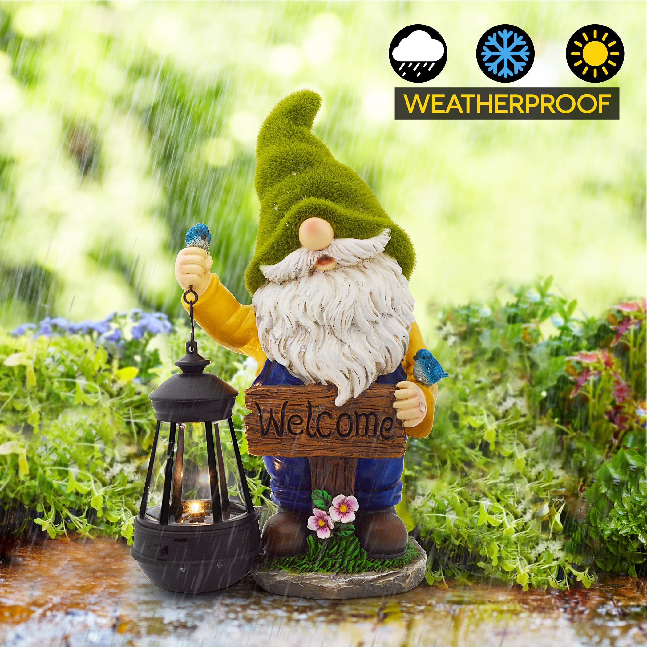 Olekki Garden Gnomes Outdoor - Flocked Gnome Statue Holding Lantern with Solar LED Lights | Gnomes Garden Decorations for Patio, Yard, Lawn Ornaments - Gnome Gifts
