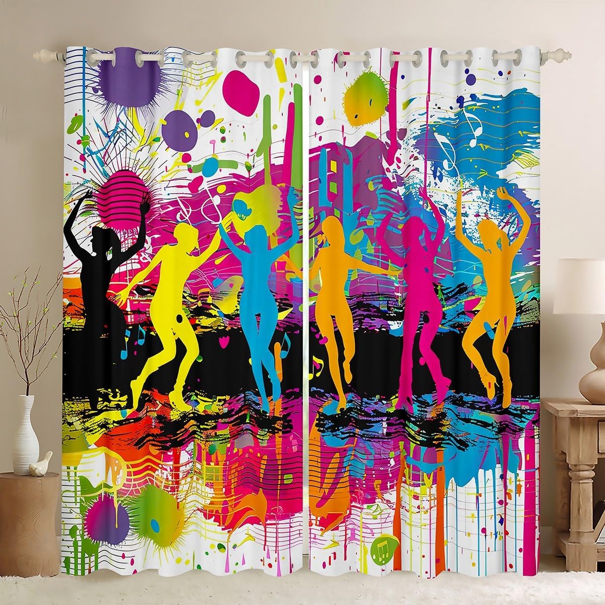 Music Lovers Kids Window Curtains,Watercolor Hand Painted Graffiti Tie-dye Window Drapes for Girls Boys Adults,Dancing Hip-hop Modern Bright Window Treatments Grommet Top 2 Panel Set,38Wx45L inch