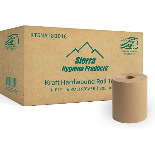 Sierra Hygiene 1-Ply Natural Hardwound Paper Towels, 8" x 800', 6 Rolls | Made in the USA, Universal, Commerical, Kraft Paper