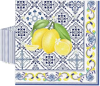 50 Pcs Tiles Lemons Paper Napkins 6.5 x 6.5 Inches, Blue Yellow Fruit Theme Disposable Luncheon Dinner Party Napkins Cocktail Napkin for Wedding Bridal Shower Summer Party Decorations