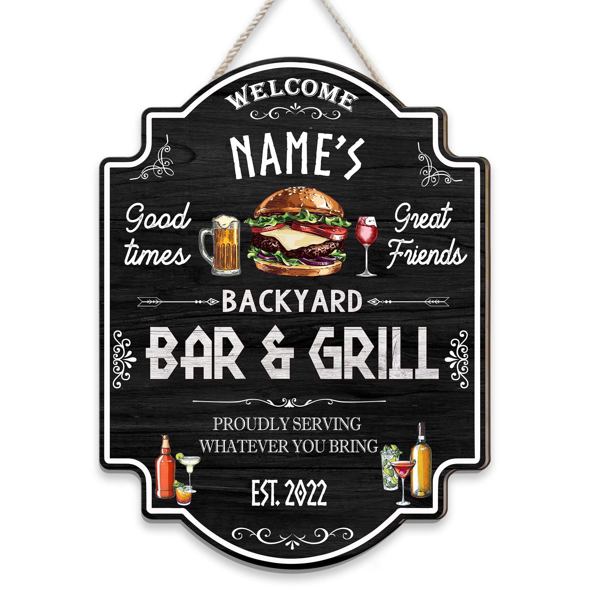 Artsy Woodsy Custom Backyard Bar & Grill Sign (Not Carved or Neon) Wall Art Plaque, Personalized Home Pub Decor, Funny Bar Sign, Kitchen Bar, Pool Bar, Patio Bar, Garden Yard Porch Deck Open Bar (00)