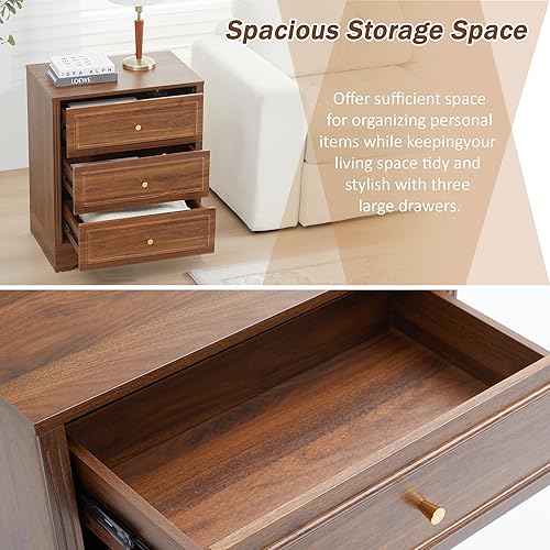 Miniatura 17 de LEVNARY Mesita de noche de granja de 3 cajones con lados tallados, mesa auxiliar de madera con base estable, mesita de noche de 23 pulgadas de