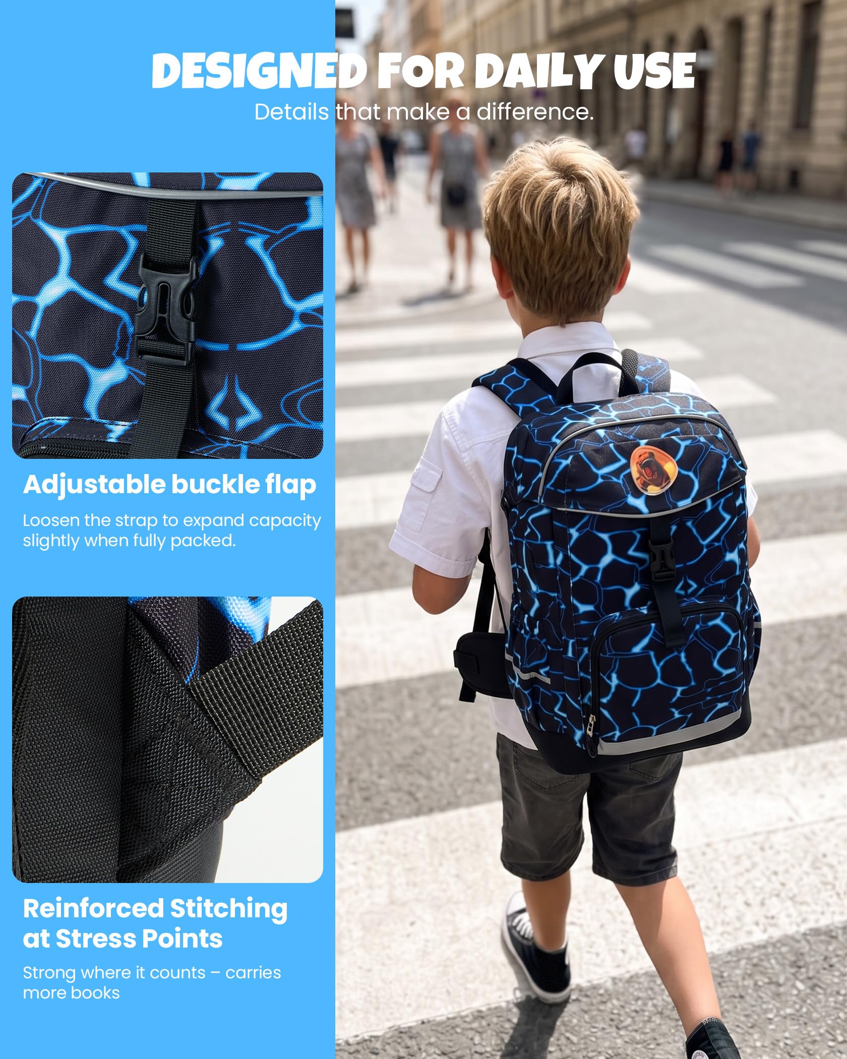 Amythe Ergo Zaino Ragazzo per 1ª-5ª Elementare, Spallacci Rimovibili | Zaino Bambino Ergonomico con Fascia Toracica, Strisce Riflettenti e Copertura antipioggia, Scuola e Attività all’aperto