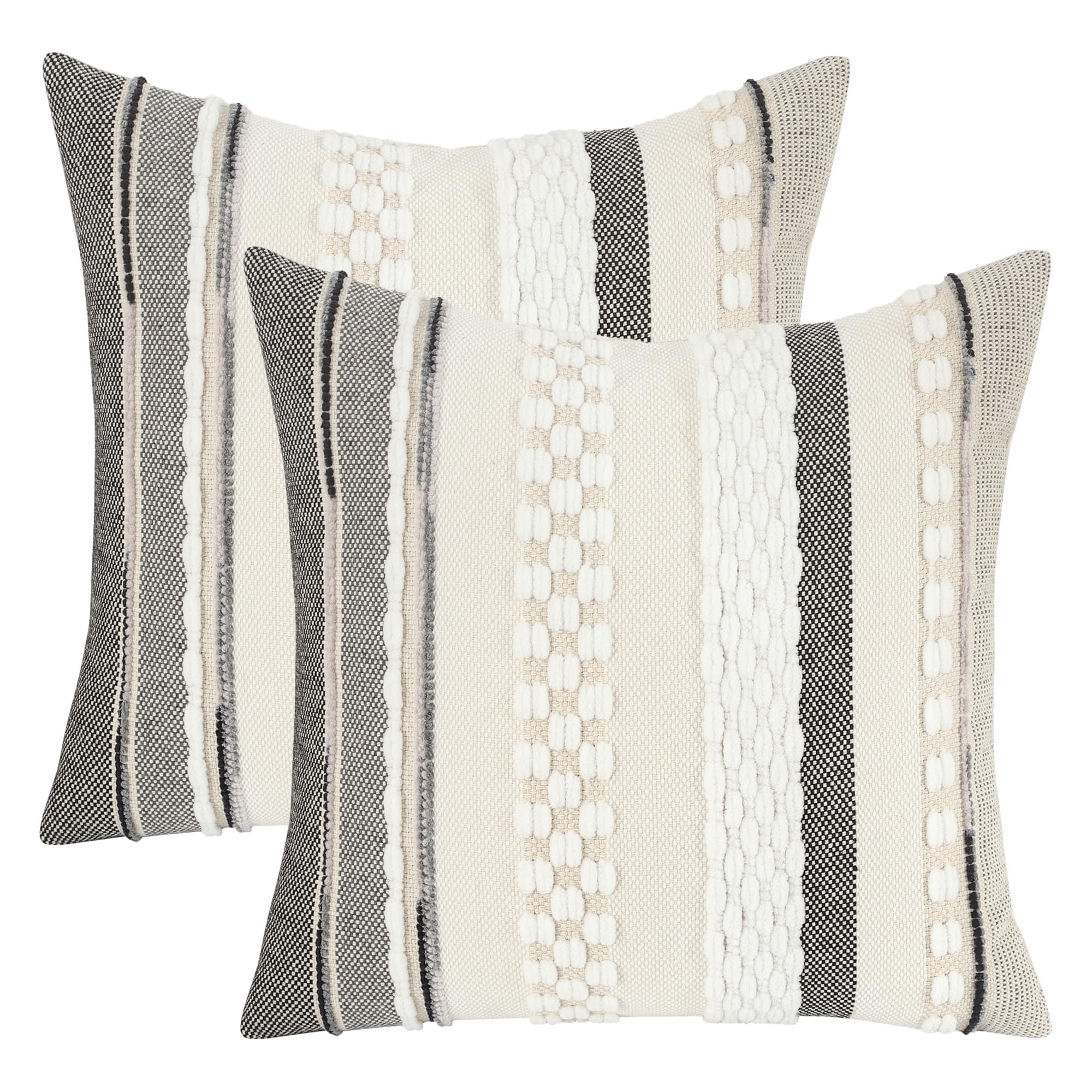 Tosleo Boho Throw Pillow Covers 18x18 Set of 2 Striped Decorative Pillow Cases Accent Chenille Pillowcases Farmhouse Cushion Case Bohemian Nuetral Textured Pillow Cover,White