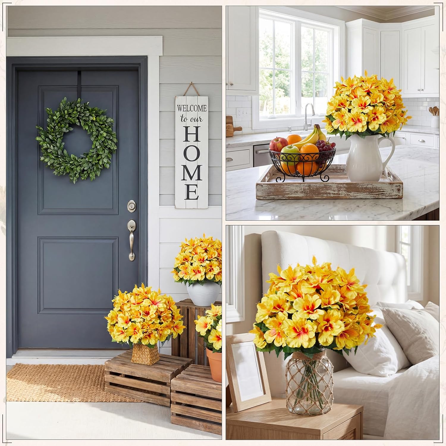 12 Bundles Artificial Hibiscus Flowers for Outdoor Decoration Fake Tropical Flowers UV Resistant Faux Silk Planter for Outside Garden Porch Patio Spring Home Front Door Decor(Yellow)