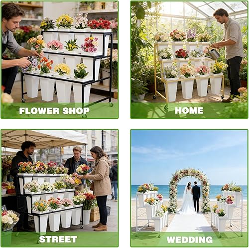 Miniatura 9 de Soporte de exhibición de flores de metal de 3 niveles, carrito móvil resistente para plantas de flores con 12 cubos y ruedas con cerradura, estante