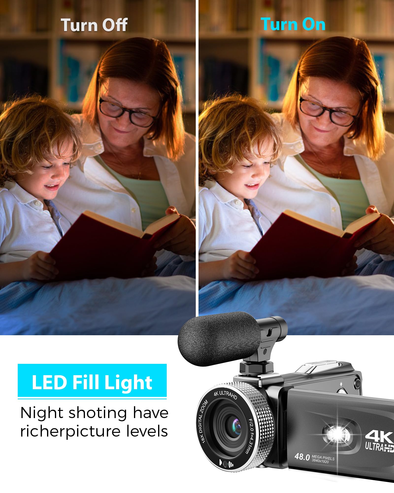 Videocámara 4K Cámara Video 48 MP, Cámara Vlog para Youtube, Zoom Digital de 18X, Pantalla IPSde 3" y 270°, Luz LED de Relleno, Cámara de Video para Micrófono, 2 Baterías, Tarjeta de 32 GB
