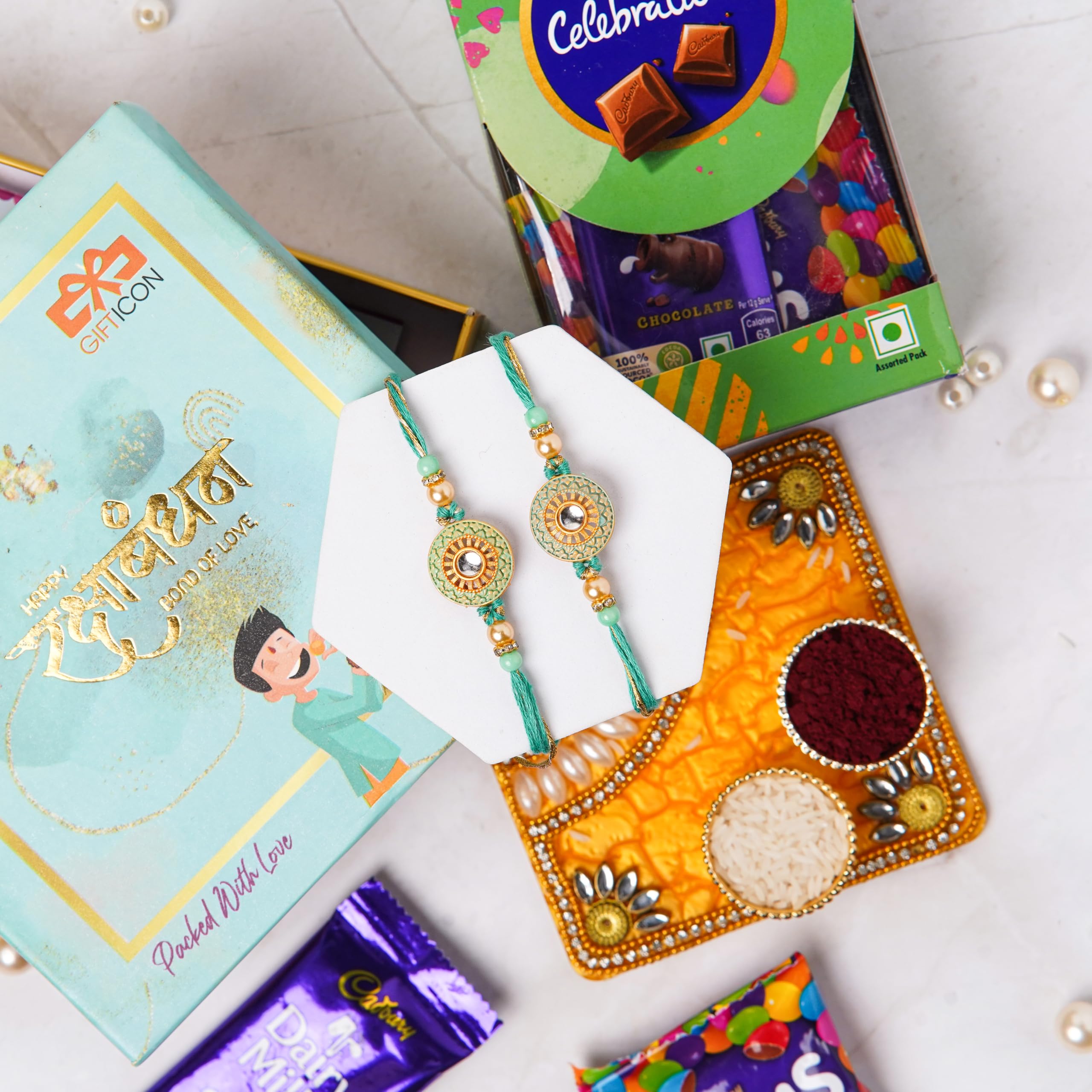 Gifticon Rakhi for Brother with Chocolate Combo Gift Set - Designer Rakhi for Brother Bhaiya with Celebration 50 Chocolates Pack - Rakhi bundle with chocolate Set of 2 rakhi | IB-2R-CB50-GreenPendalSet discount deal