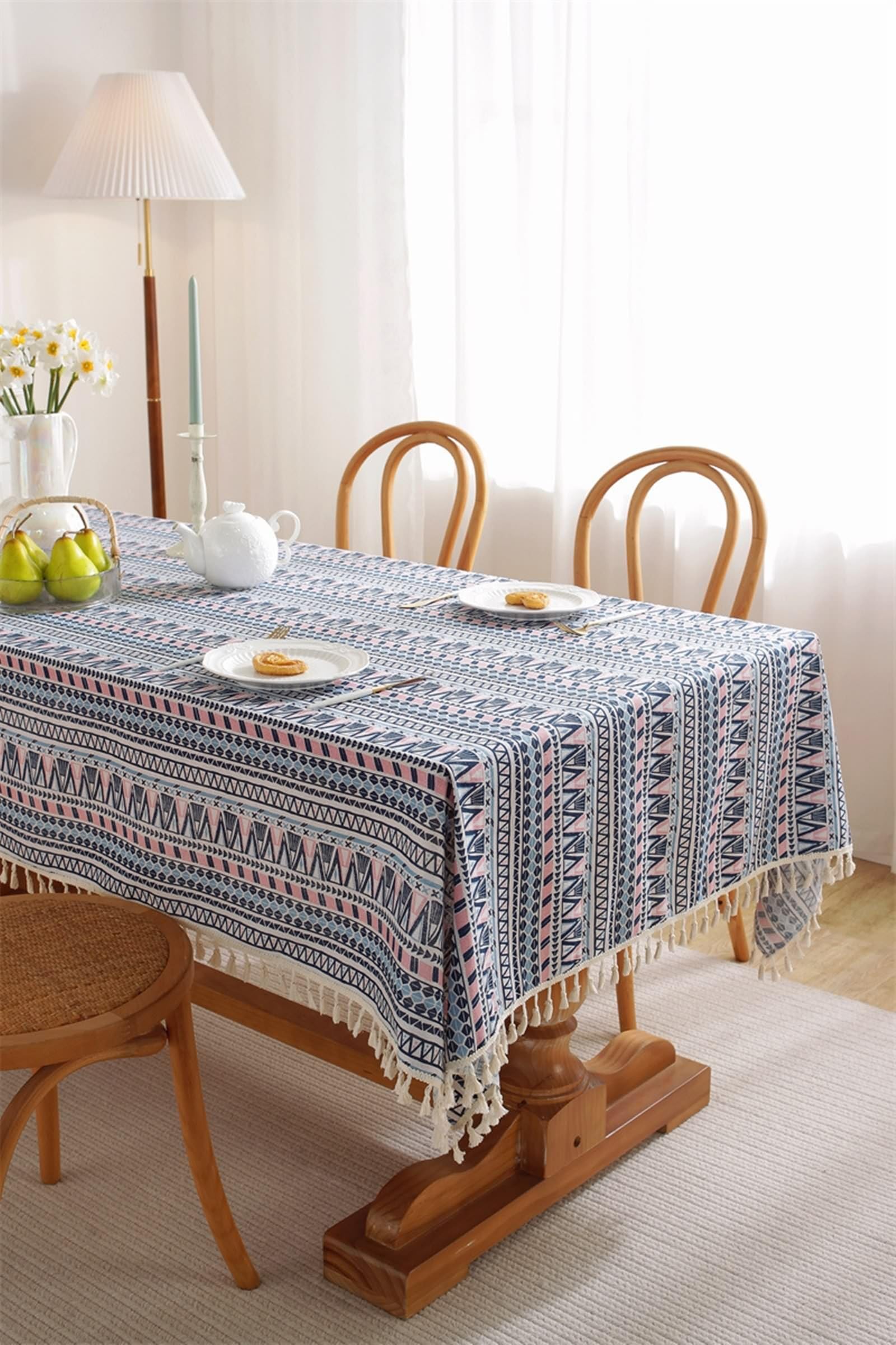 Epinki Obrusy, niebieska róża, geometryczny obrus z frędzlami, bawełna, obrus na zewnątrz, dekoracja stołu na urodziny, do użytku w pomieszczeniach, w ogrodzie, jadalni, na imprezę i święta, 140 x 300