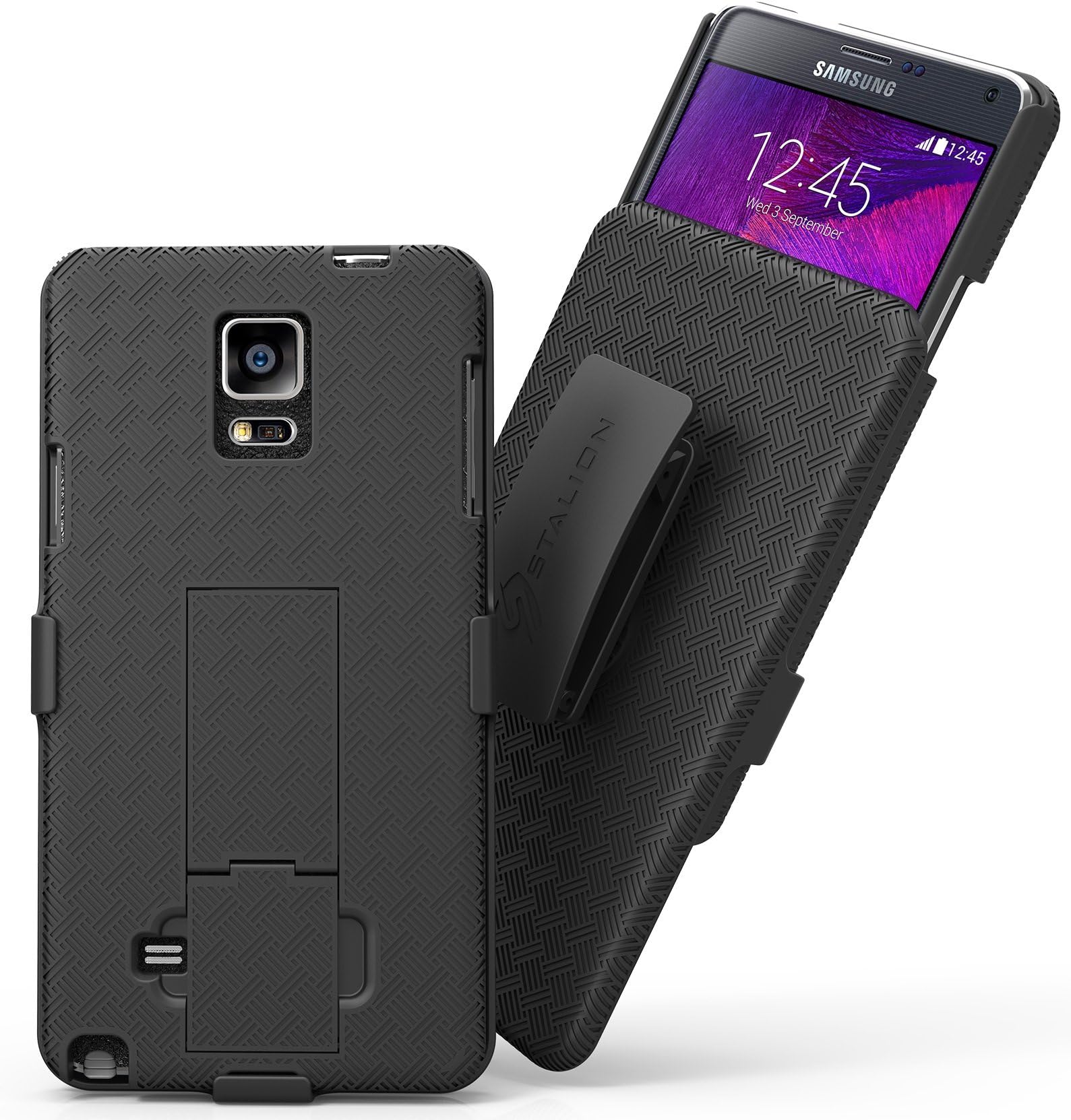 Galaxy Note 4 Holster: Stalion Secure Shell Case & Belt Clip Combo with Kickstand for Samsung Galaxy Note 4 (Jet Black) 180° Degree Rotating Locking Swivel + Shockproof Protection