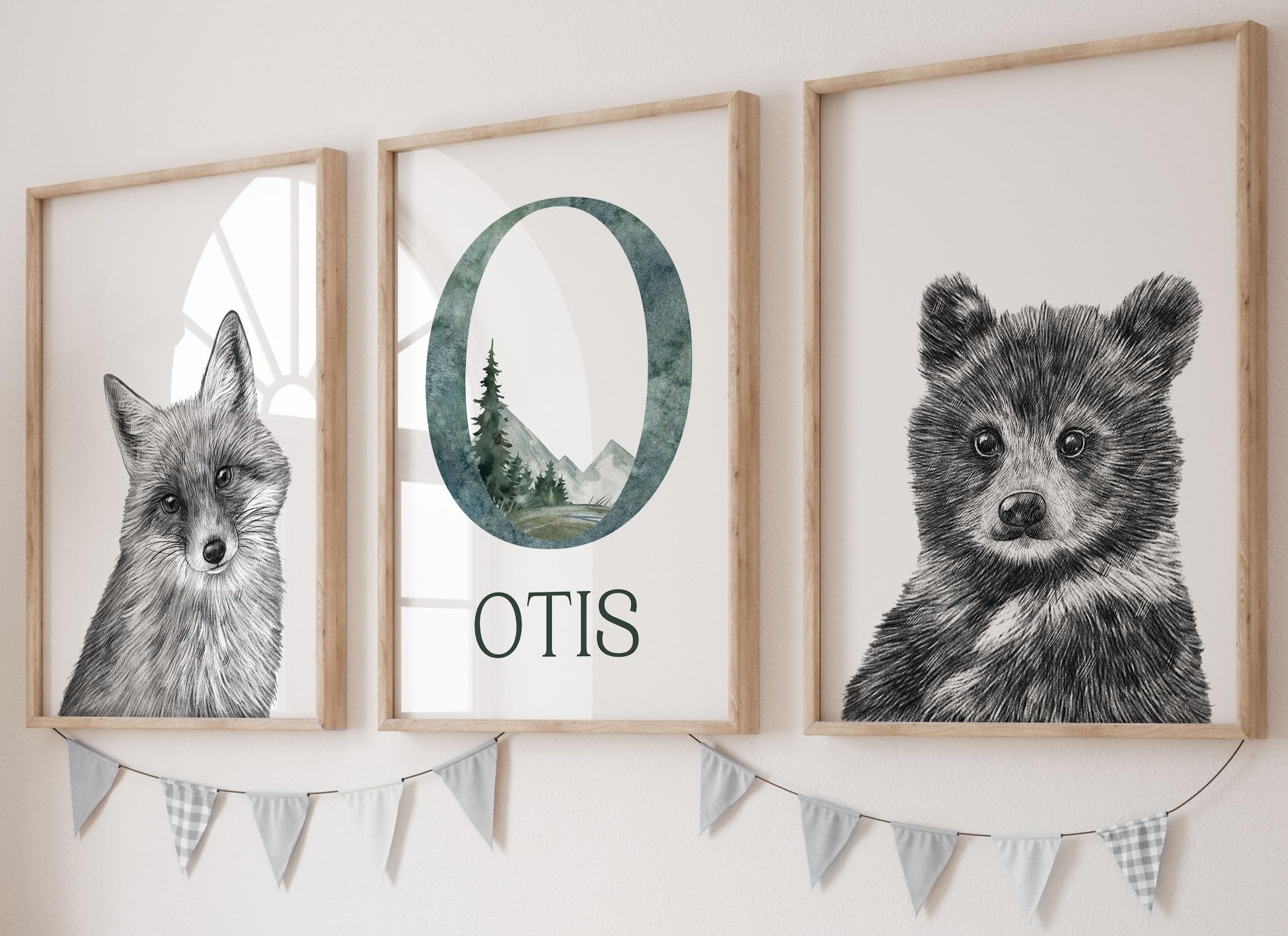 Woodland Animals Set of 3 Unframed Poster Prints with Personalised Name, Baby Boy Girl Nursery Bedroom Wall Art, Forest Woodland Wall Art, Rabbit Deer Fox Bear Owl (A5)